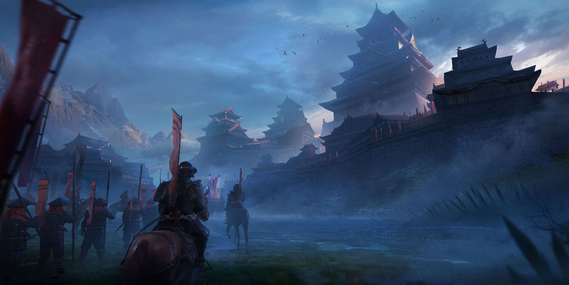 Samurai army approaching a Japanese castle at dusk HD Wallpaper