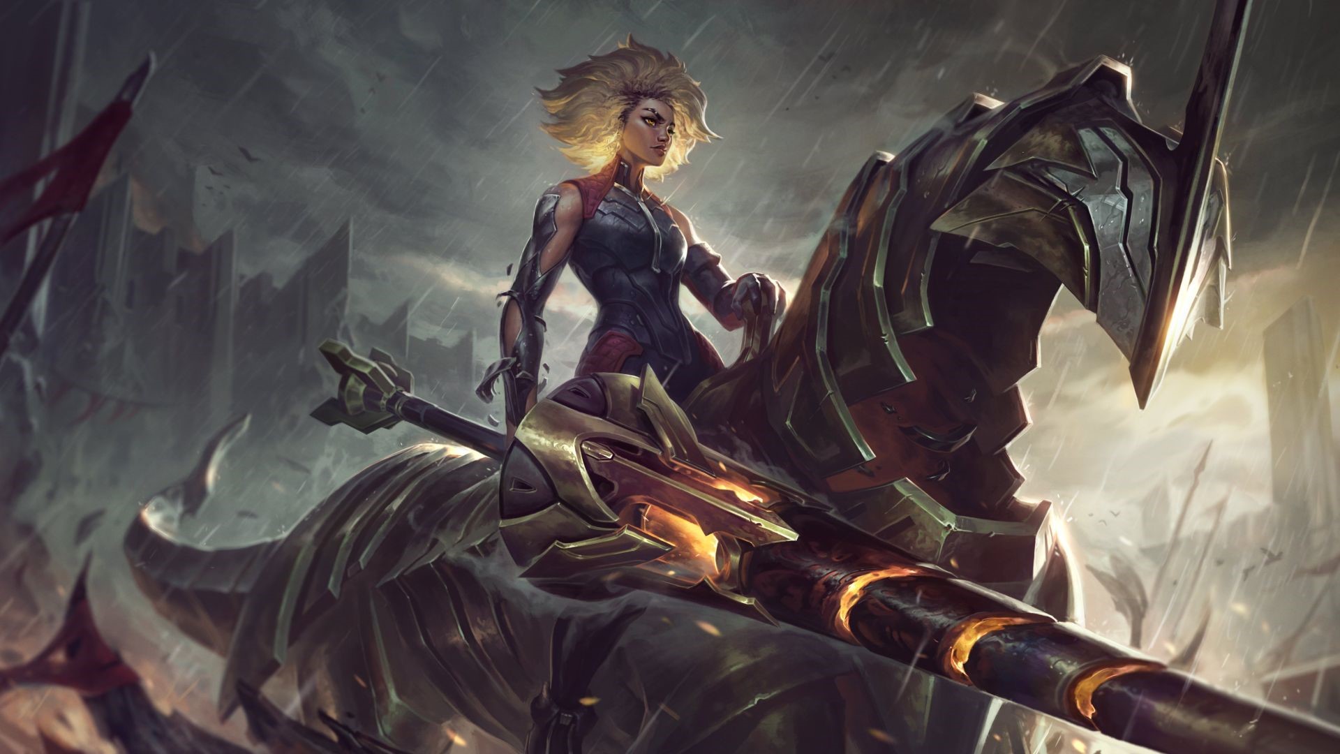 Rell from League of Legends on a mechanical steed HD Wallpaper