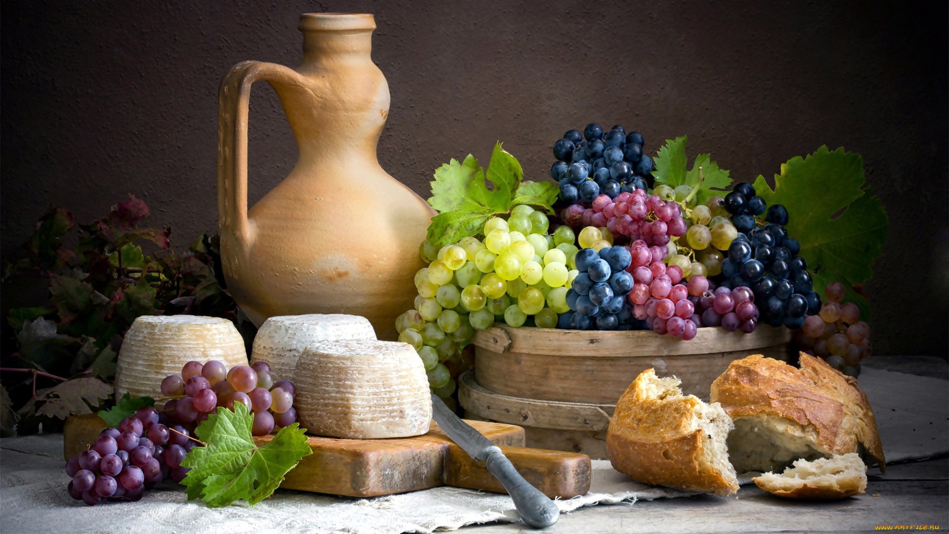Still life with grapes, cheese, bread, and jug HD Wallpaper