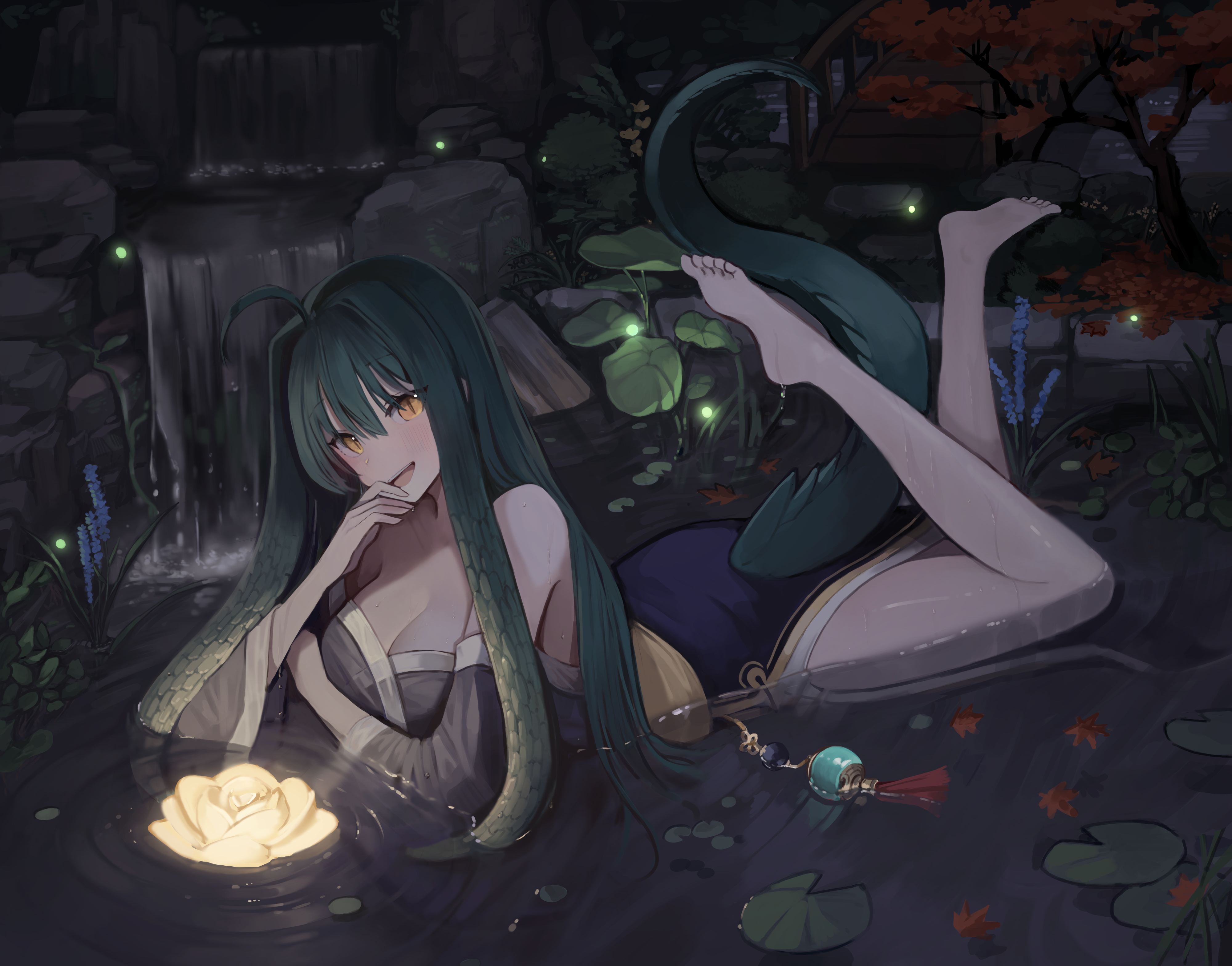 Anime girl with snake tail in a pond HD Wallpaper
