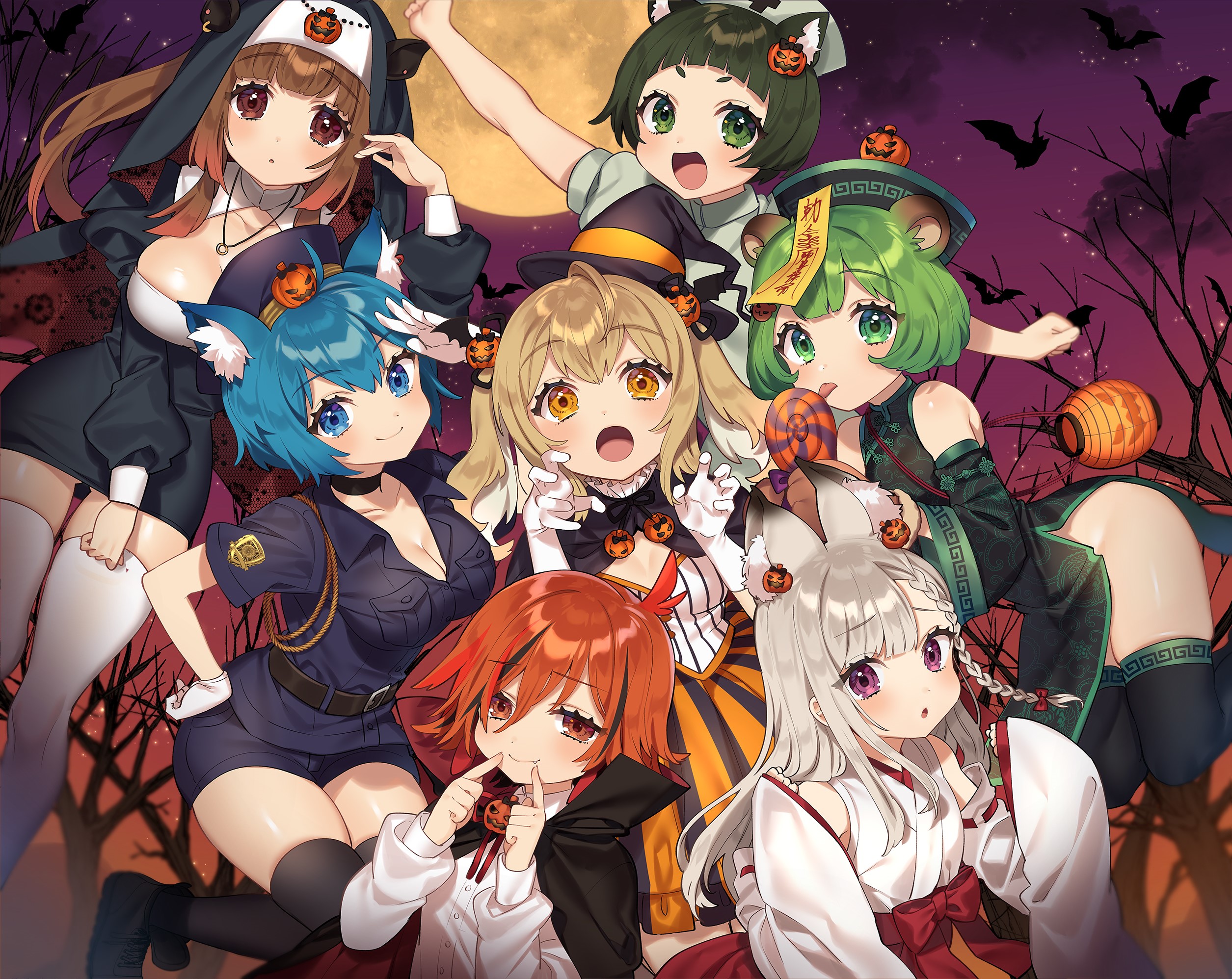 Anime girls in Halloween costumes with pumpkins and bats HD Wallpaper