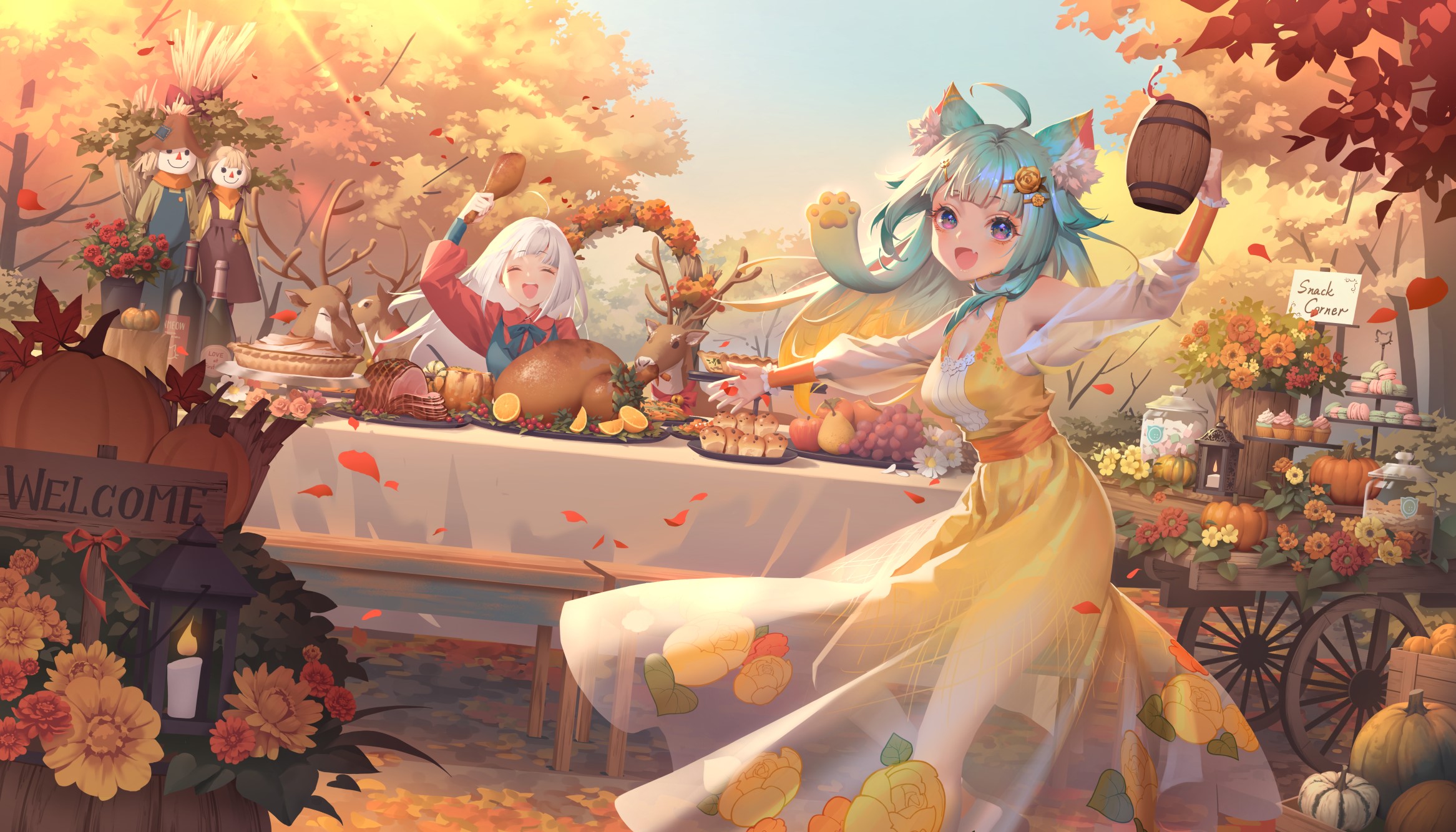 Anime girls celebrating fall harvest with food and decorations HD Wallpaper