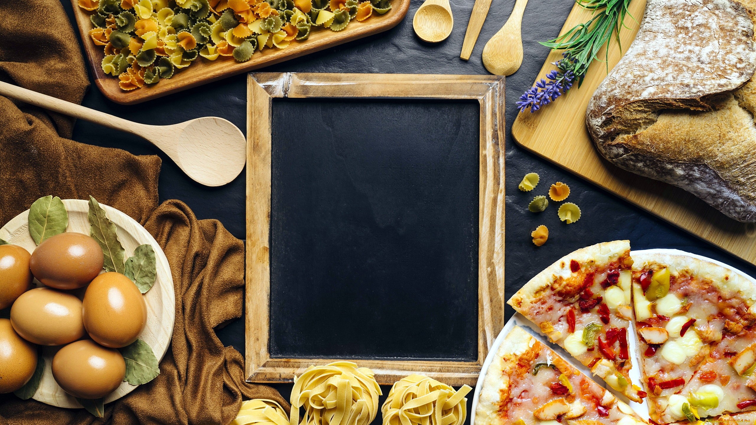 Food ingredients and a chalkboard HD Wallpaper