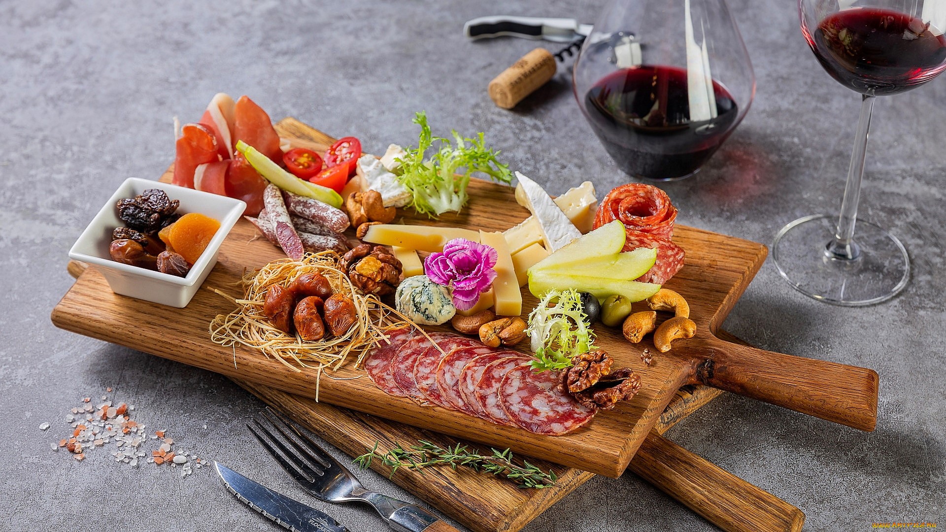 Charcuterie board with cheese, meats, nuts, and wine HD Wallpaper
