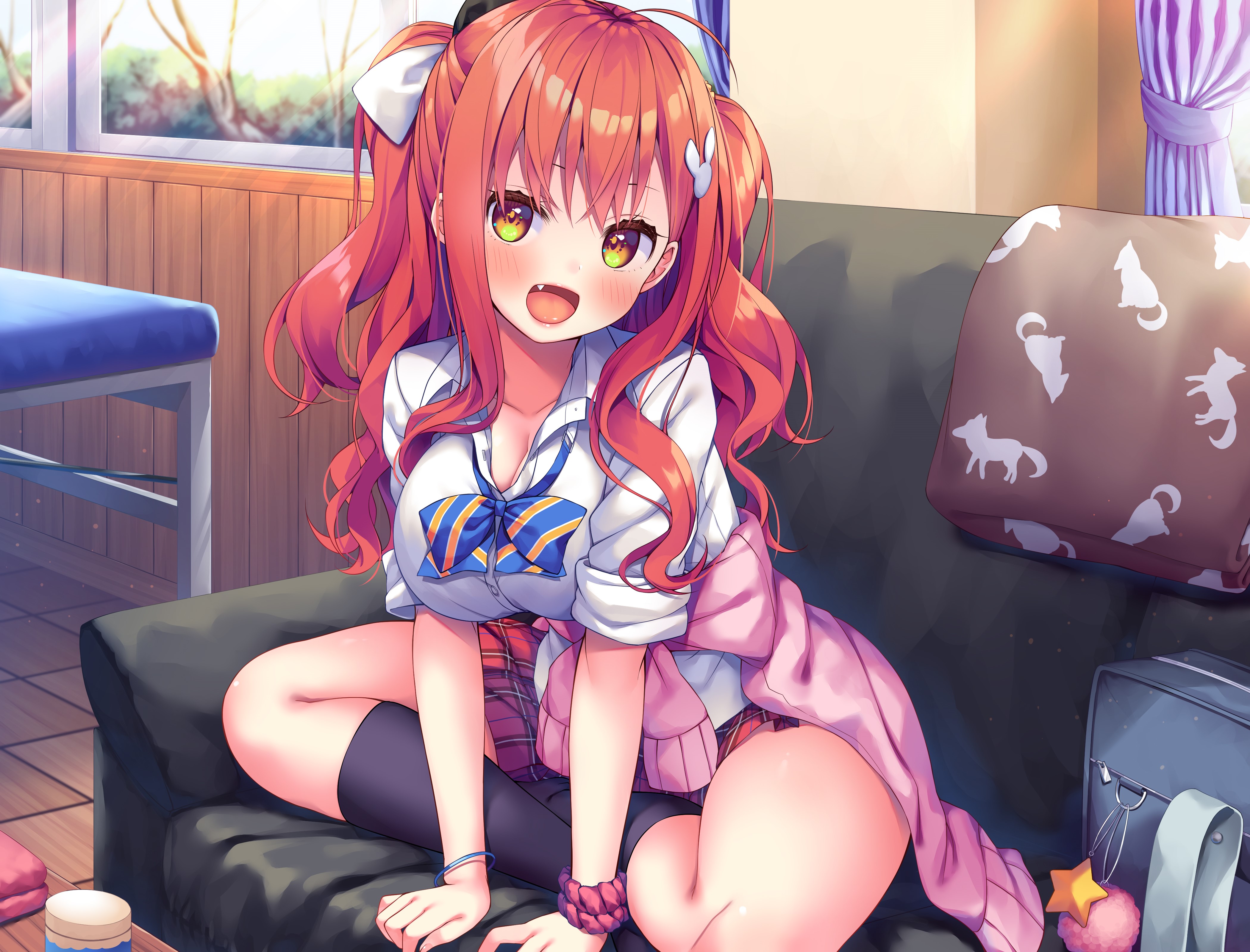 Anime girl with red hair in school uniform sitting on couch HD Wallpaper