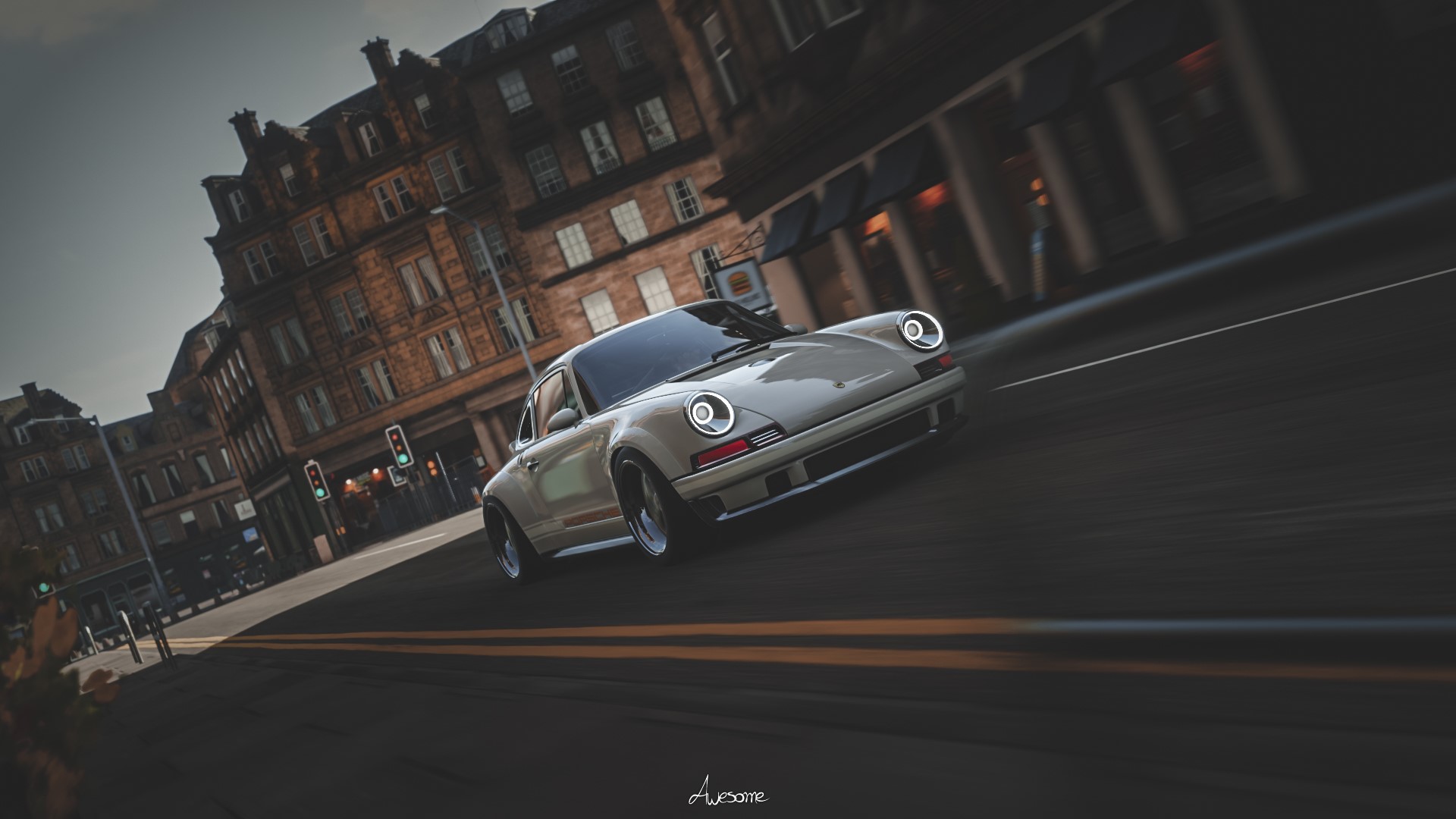 Porsche 911 Singer driving on a city street HD Wallpaper