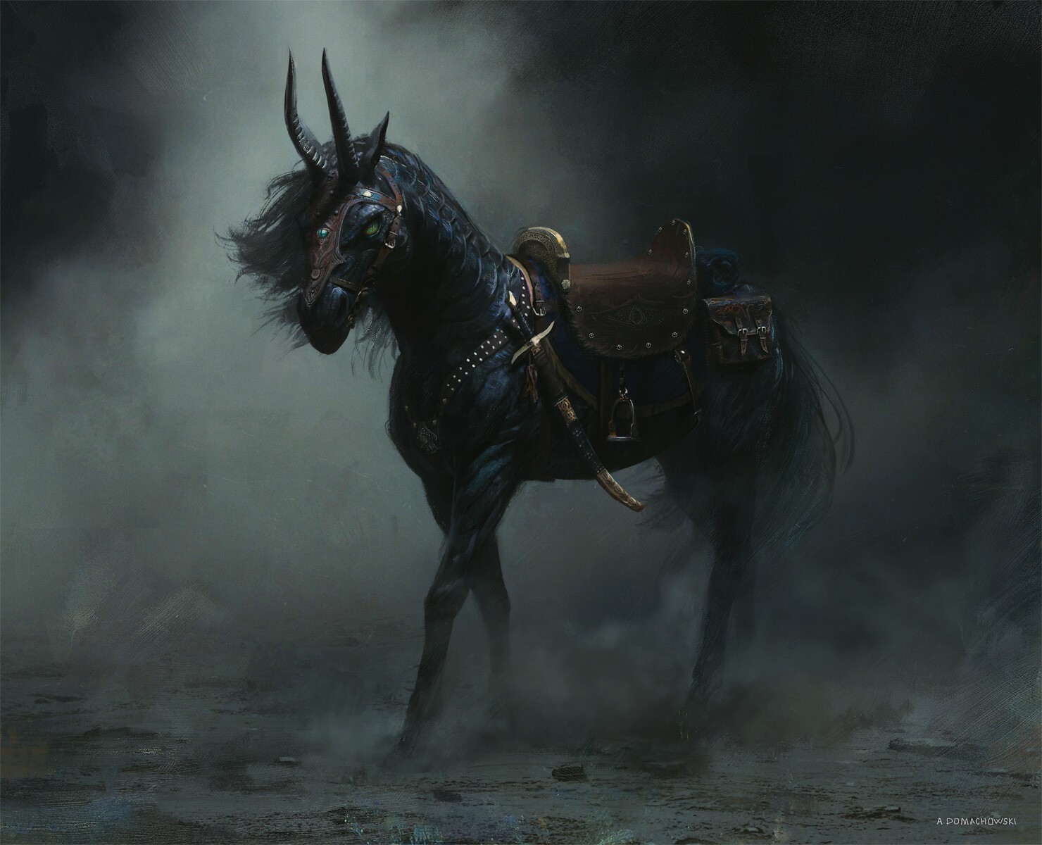 Dark fantasy horse with horns and saddle HD Wallpaper