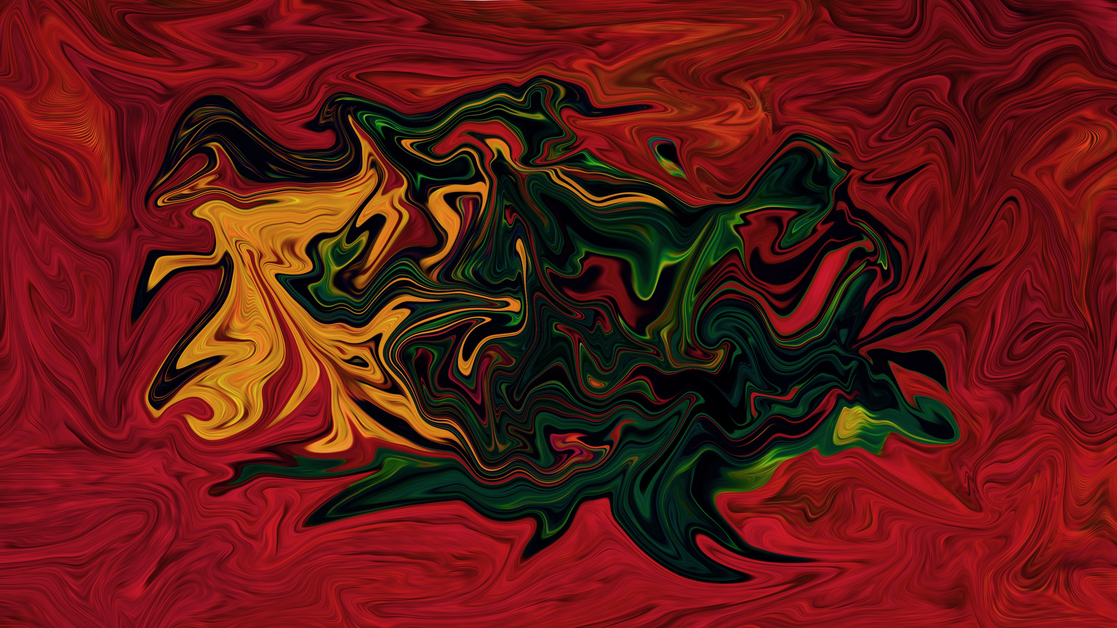 Abstract fluid artwork with red, yellow, and green colors HD Wallpaper