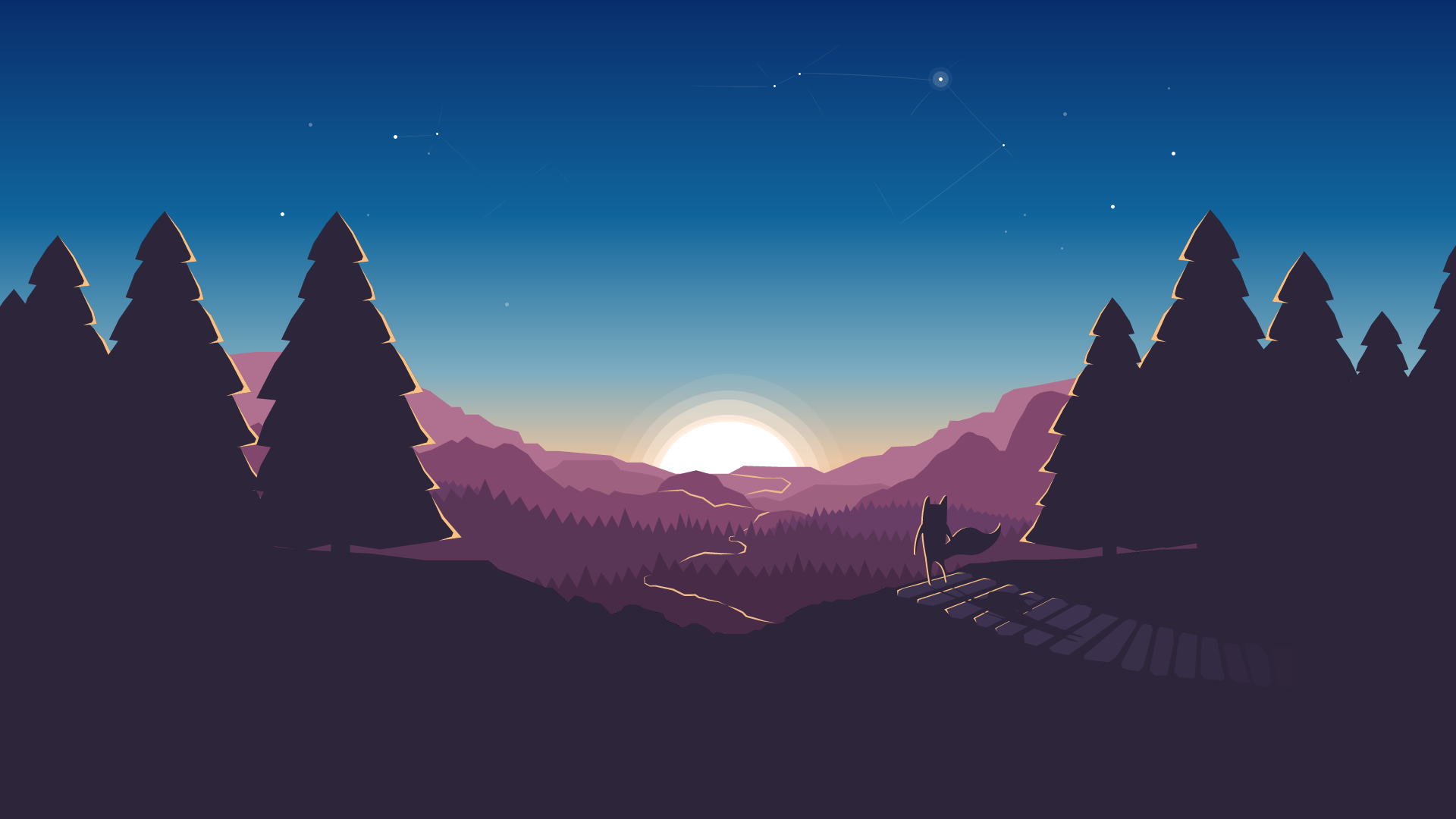Vector art landscape with fox and sunset HD Wallpaper