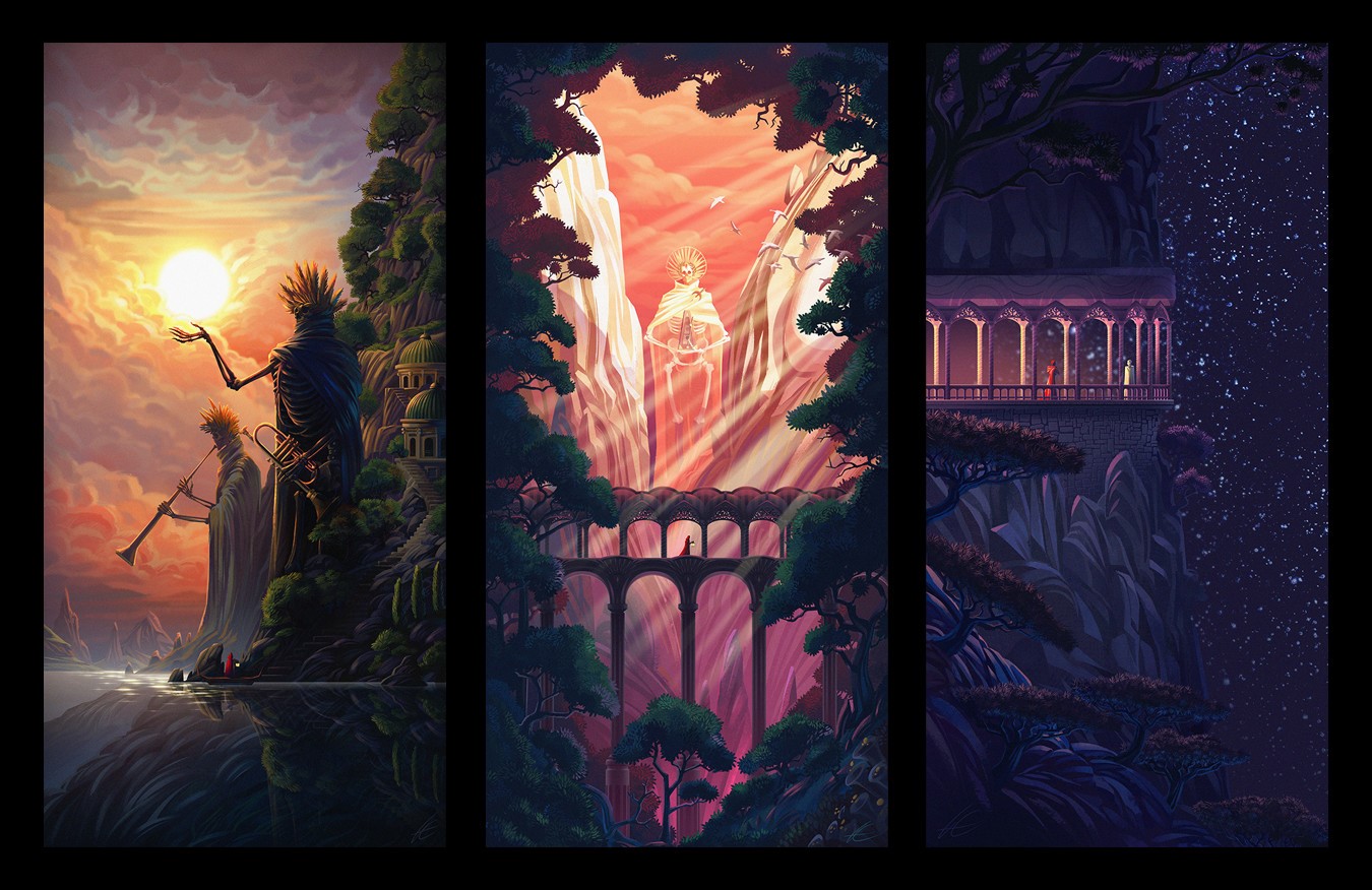 Fantasy triptych artwork with skeletal figures and celestial beings HD Wallpaper