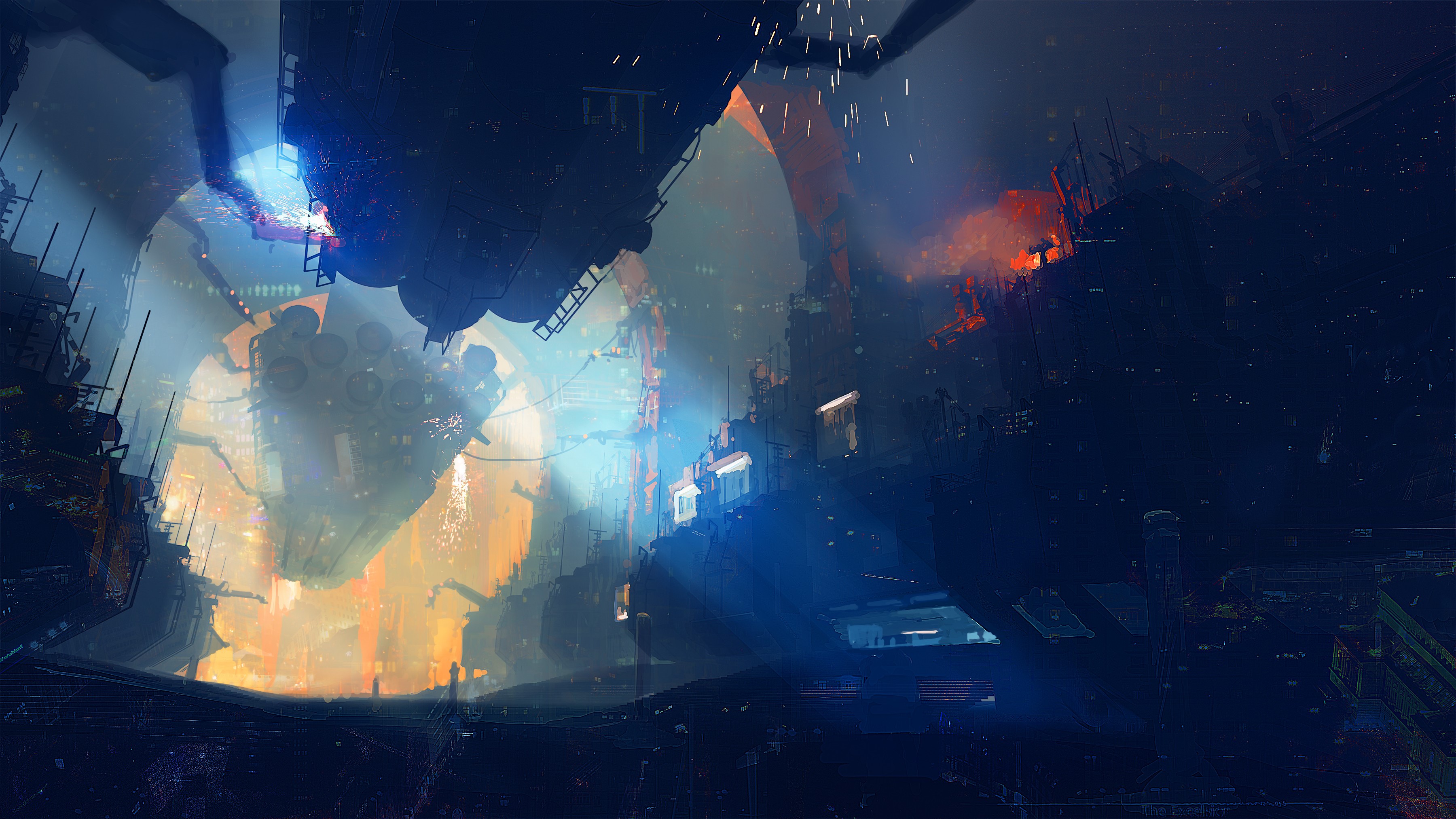 Futuristic industrial cityscape with a large circular structure HD Wallpaper
