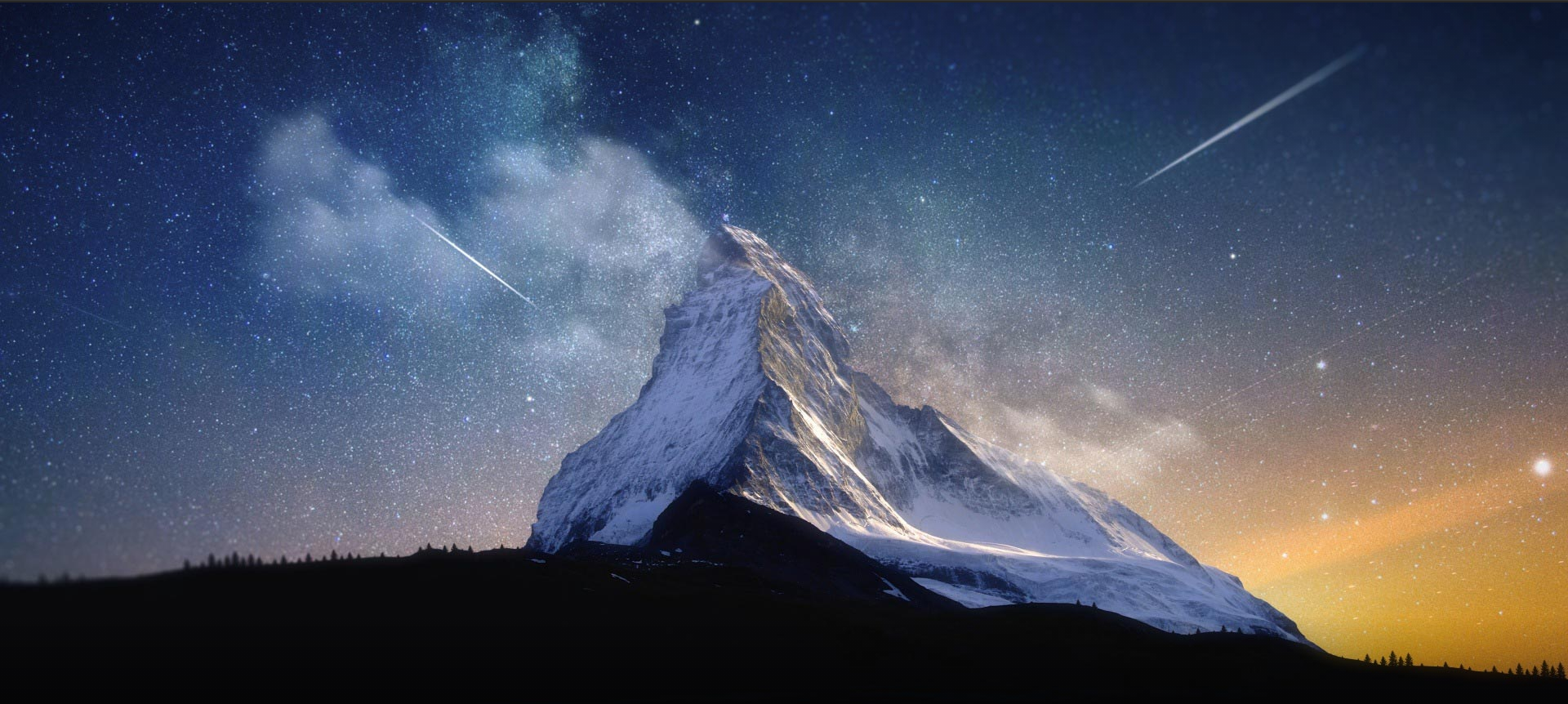 Matterhorn mountain under a starry sky with shooting stars HD Wallpaper