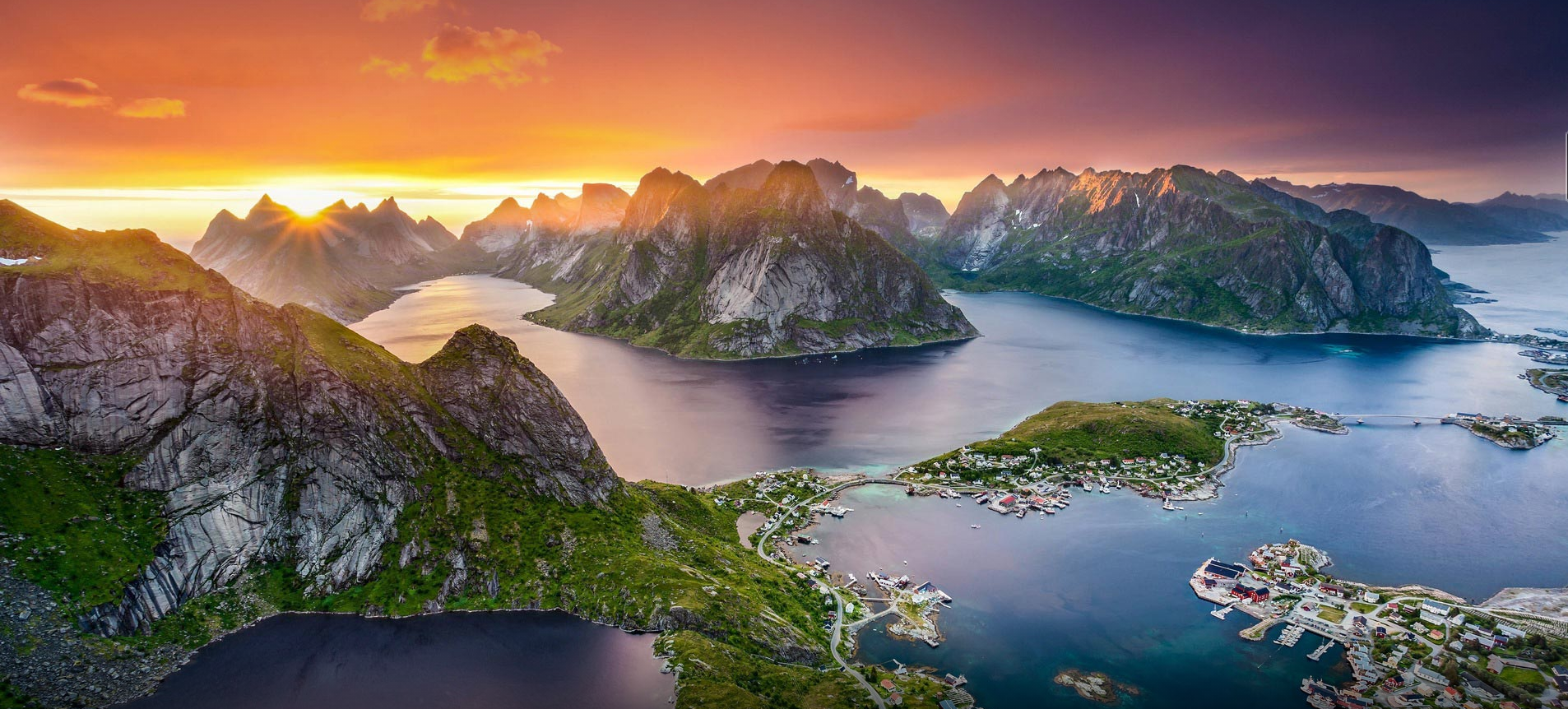 Aerial view of Lofoten Islands, Norway at sunset HD Wallpaper