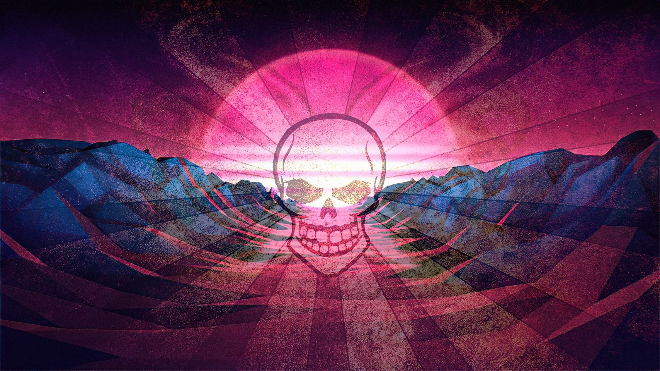 Skull superimposed over a geometric mountain landscape at sunset HD Wallpaper