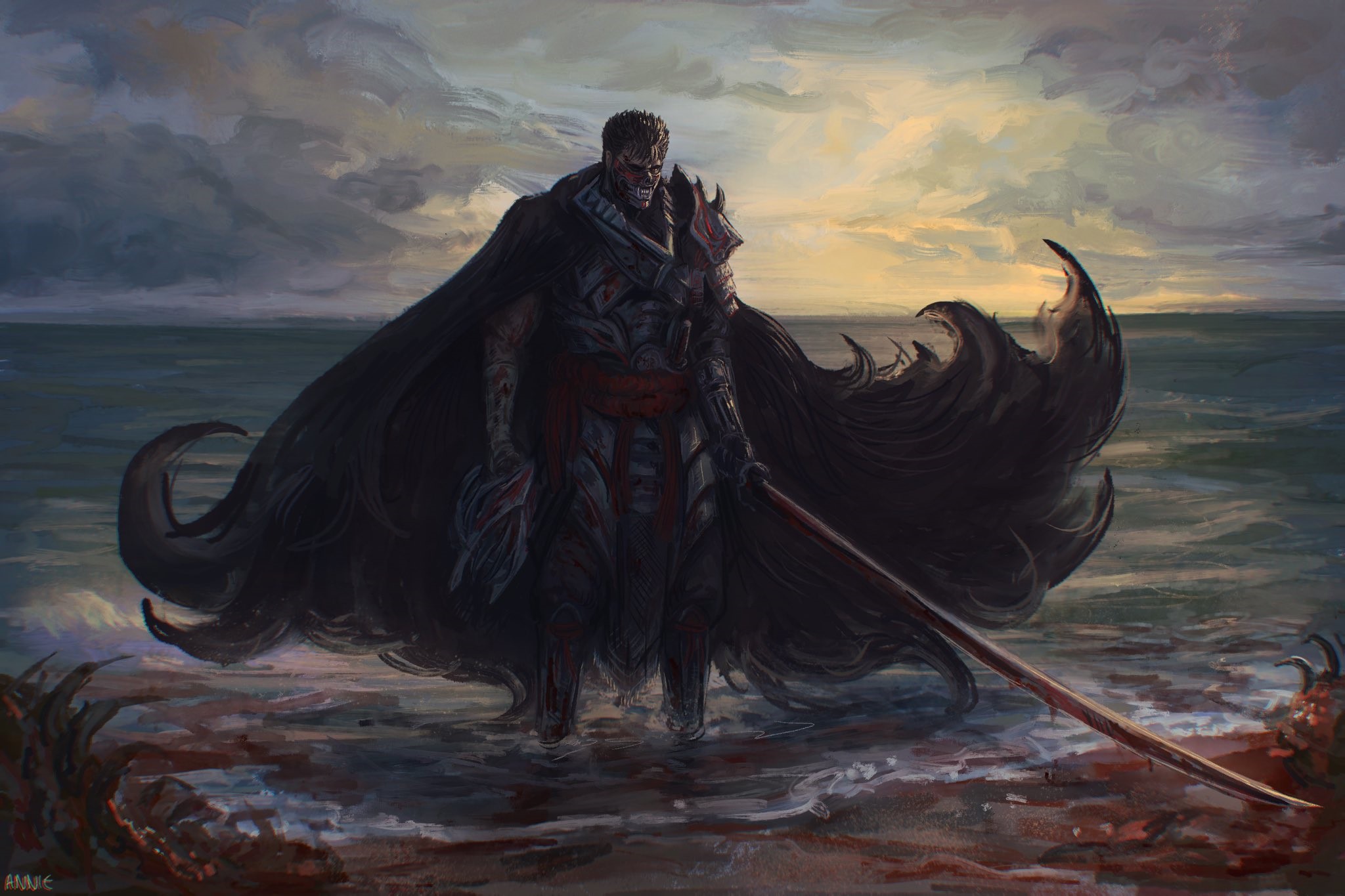 Man in Berserk armor with katana on a bloody beach HD Wallpaper