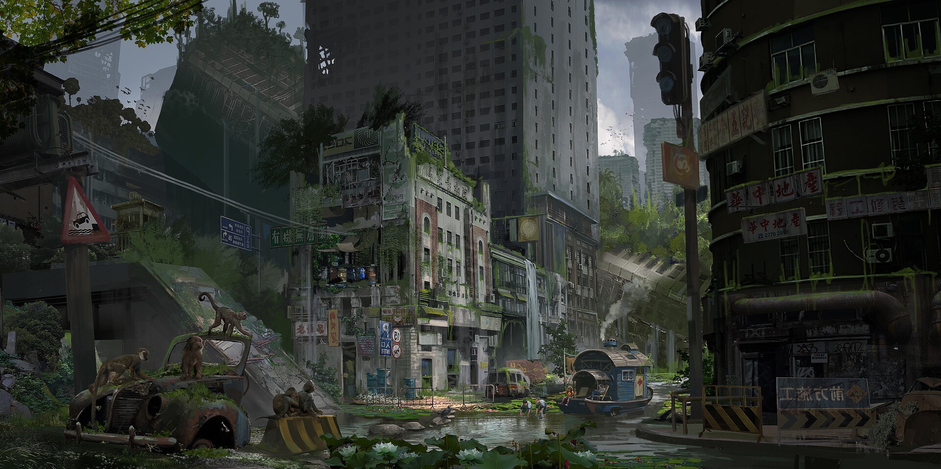 Post-apocalyptic city overgrown with nature and inhabited by monkeys HD Wallpaper