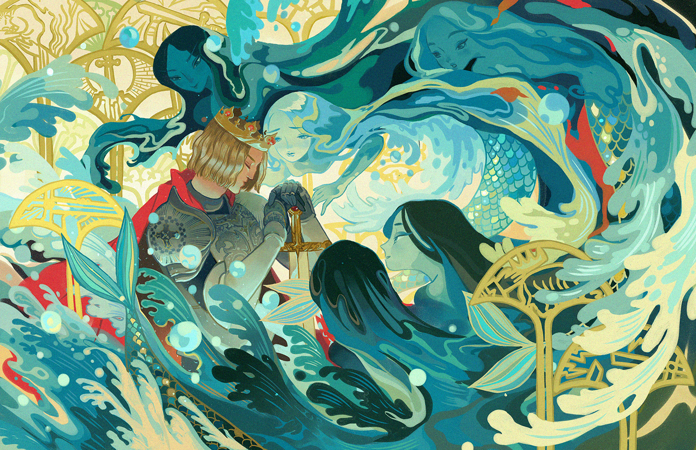 King and mermaids in a swirling blue water scene HD Wallpaper