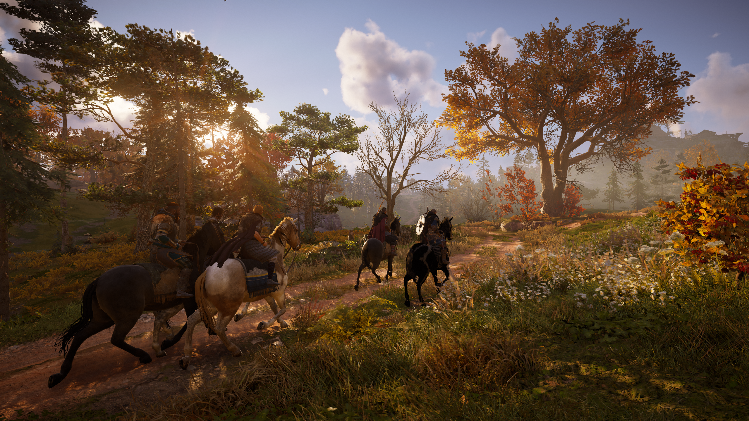 Eivor and Vikings riding horses in a forest HD Wallpaper