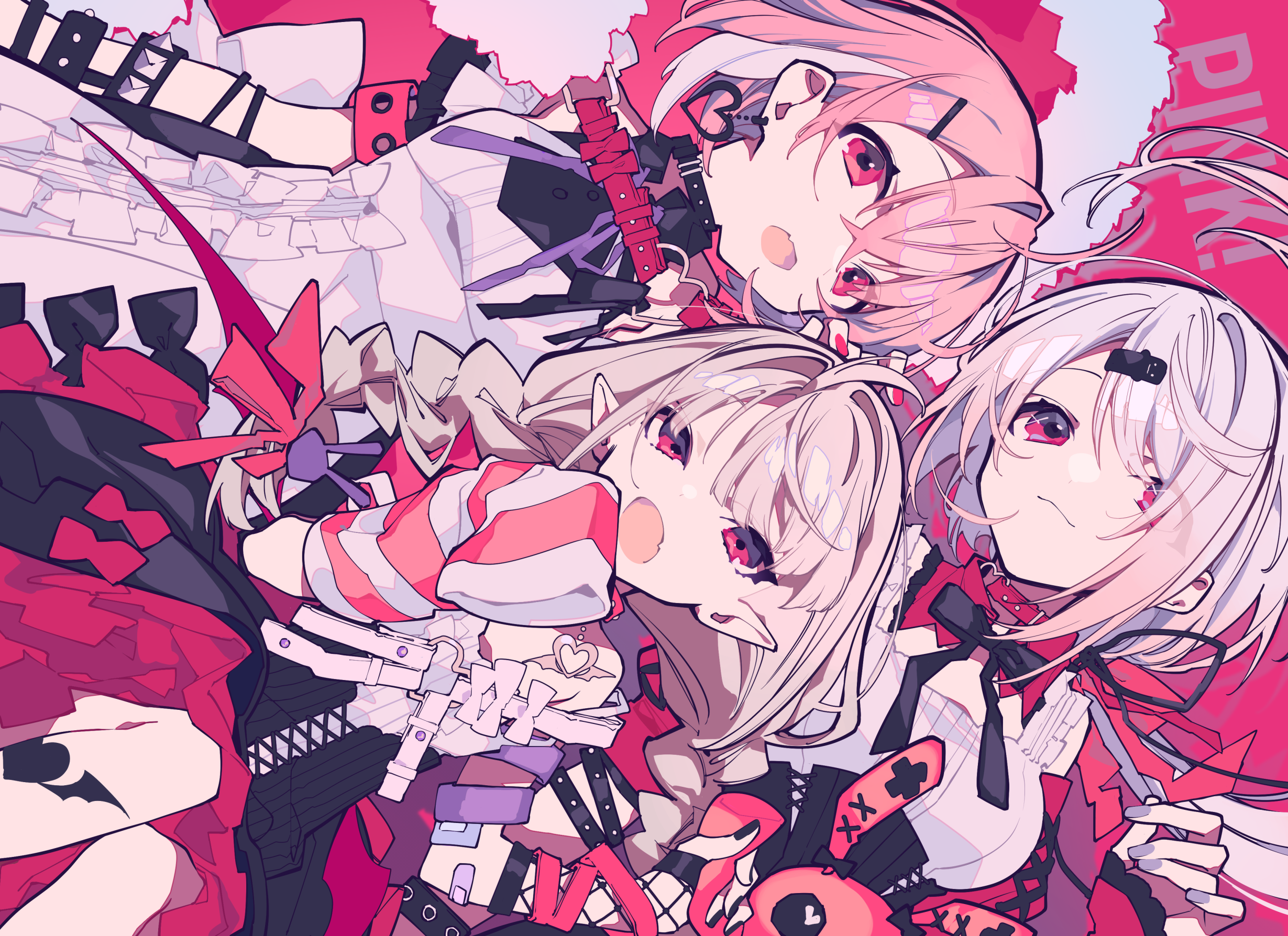 Three anime girls with pink and silver hair HD Wallpaper
