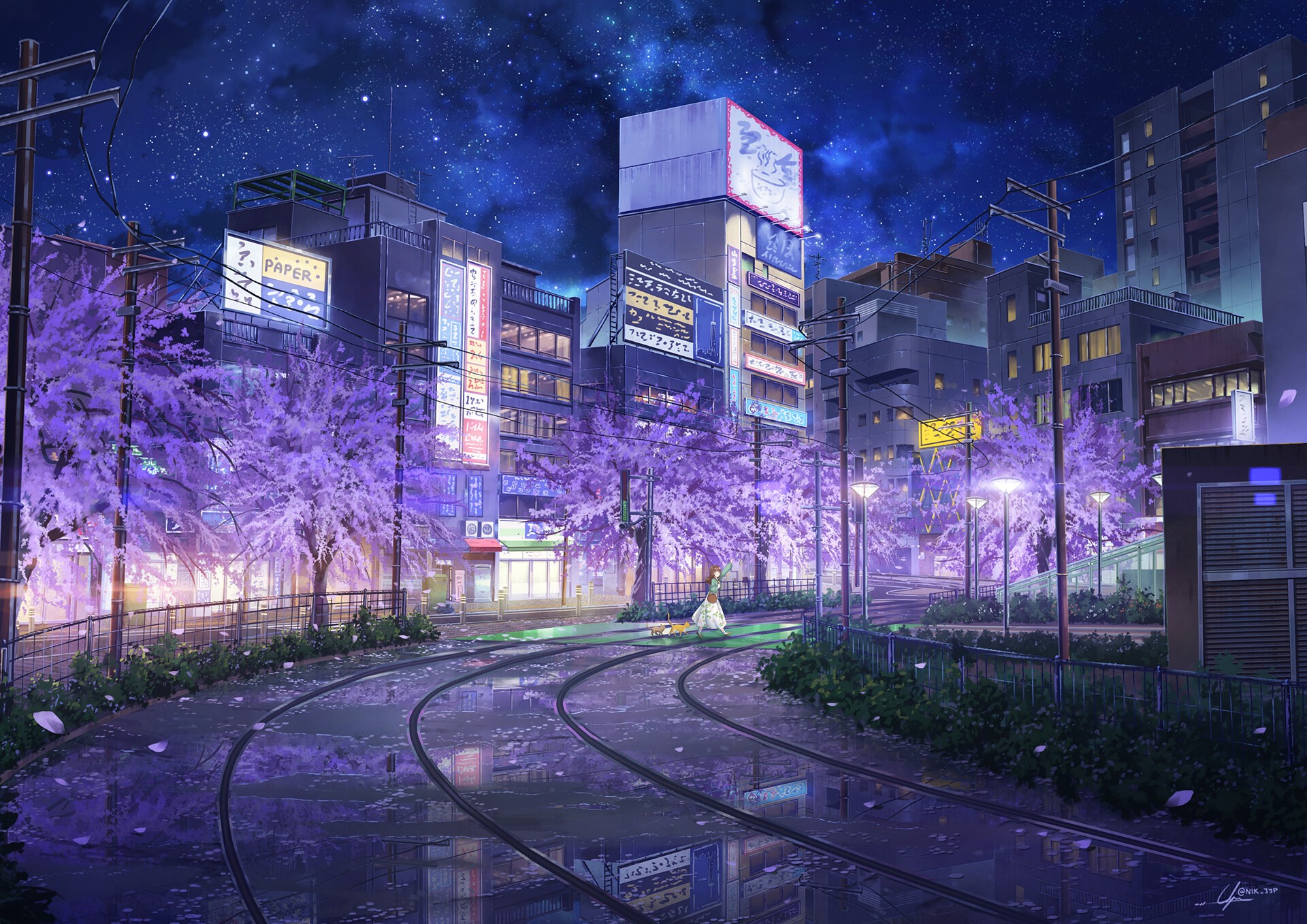 Anime city street at night with cherry blossoms and stars HD Wallpaper