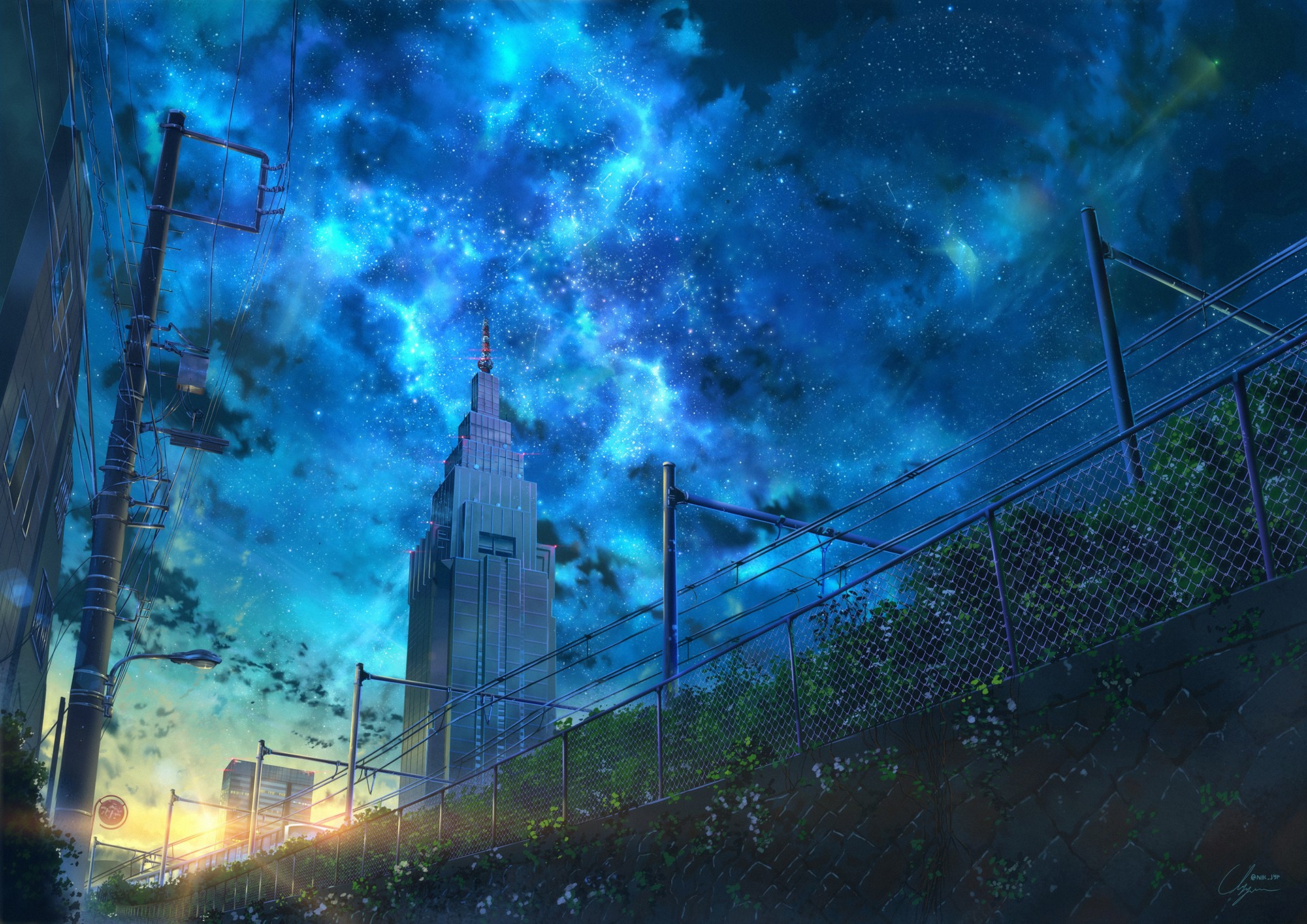 Anime cityscape with a starry sky and skyscraper HD Wallpaper