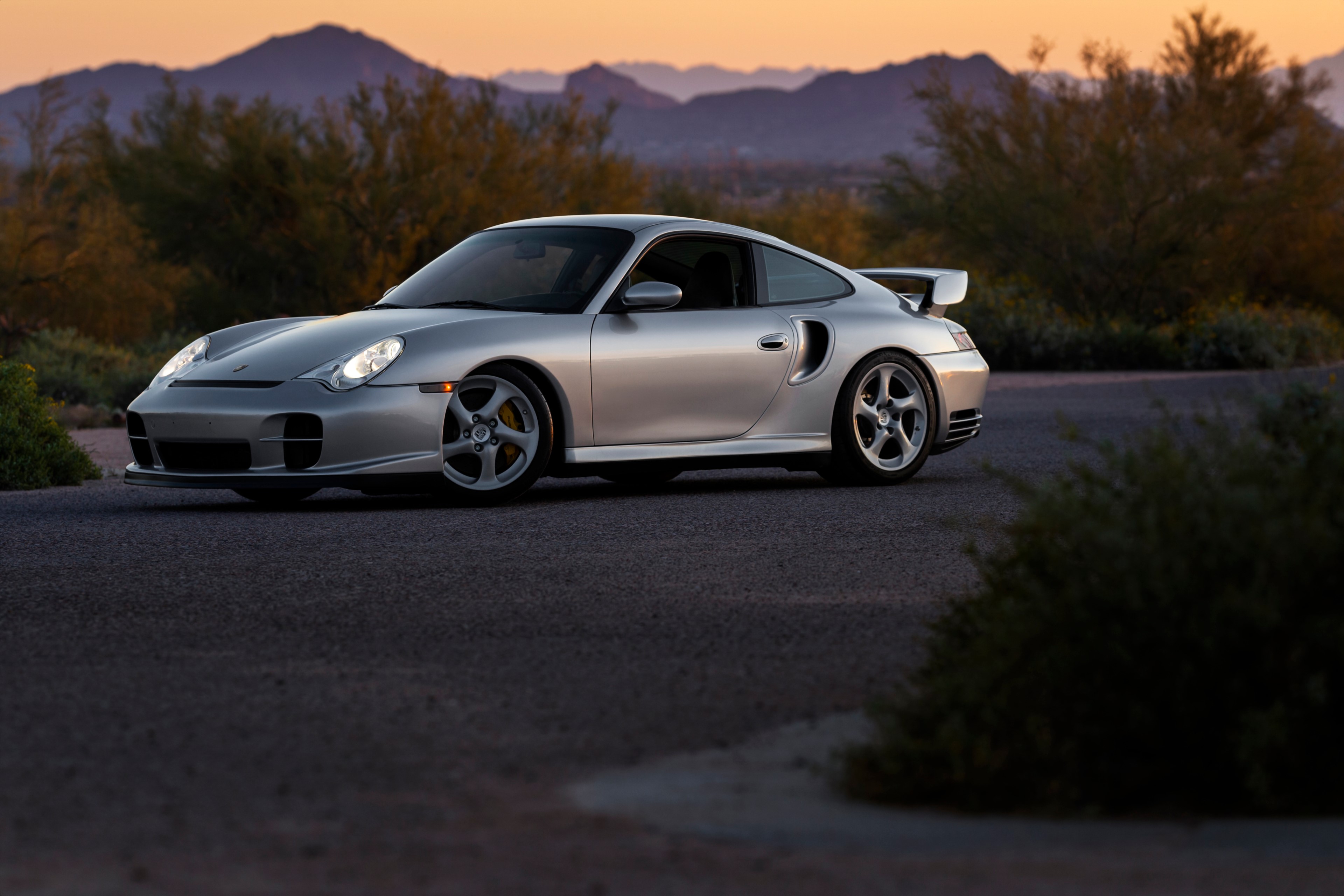 Silver Porsche 996 Turbo S on asphalt road HD Wallpaper