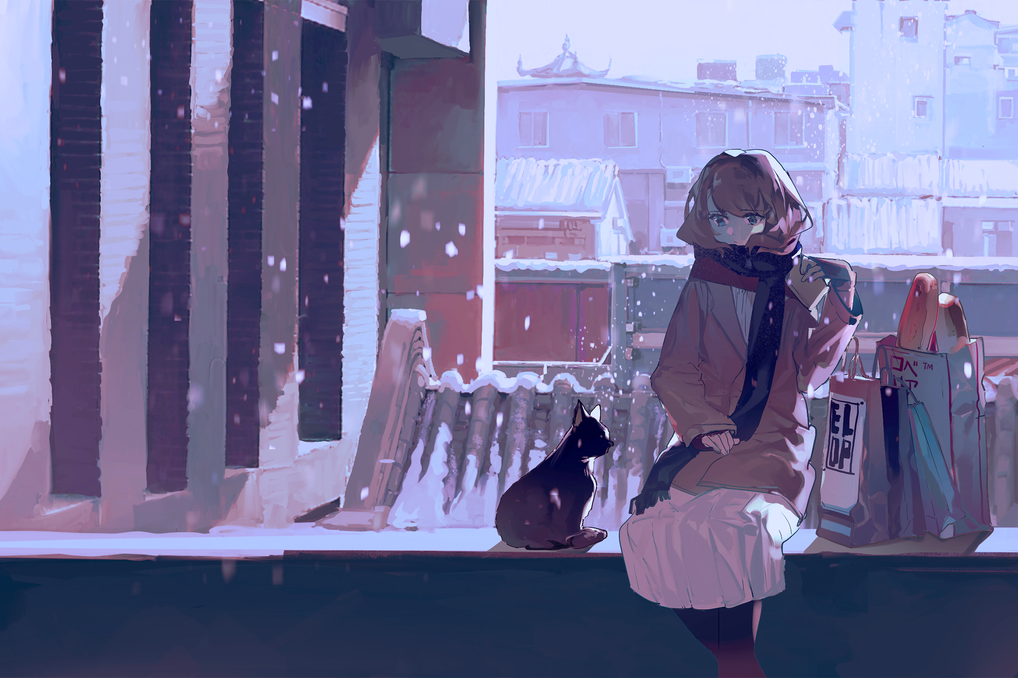 Anime girl and cat in winter snow HD Wallpaper