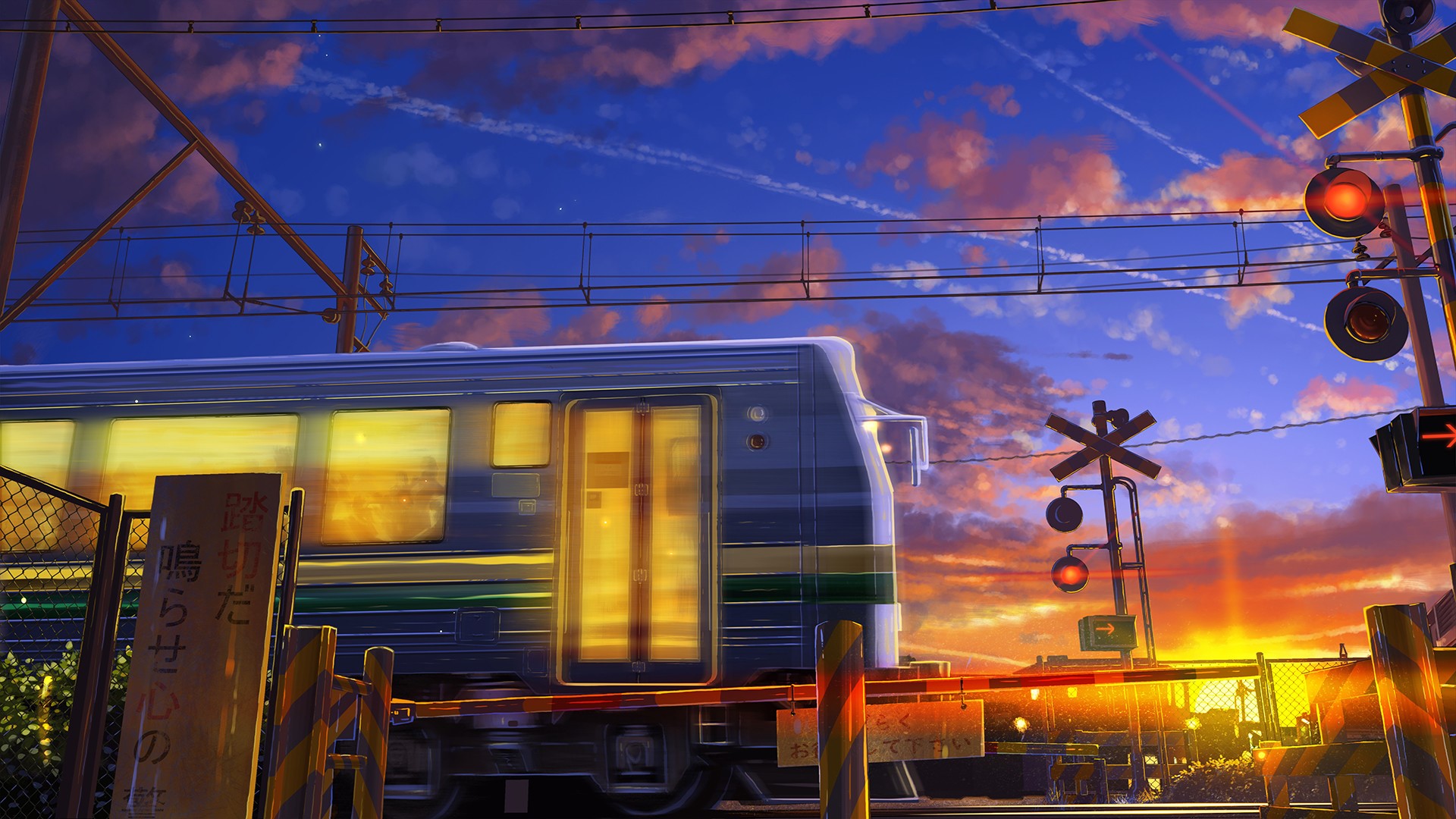 Anime train at a railroad crossing during sunset HD Wallpaper