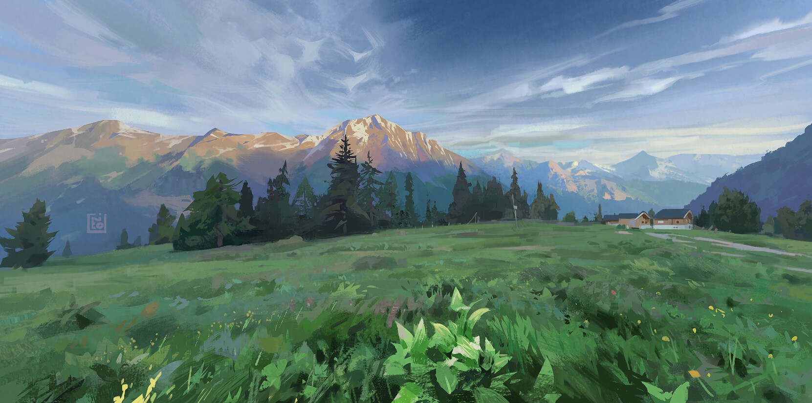 Painting of a mountain landscape with houses and trees HD Wallpaper