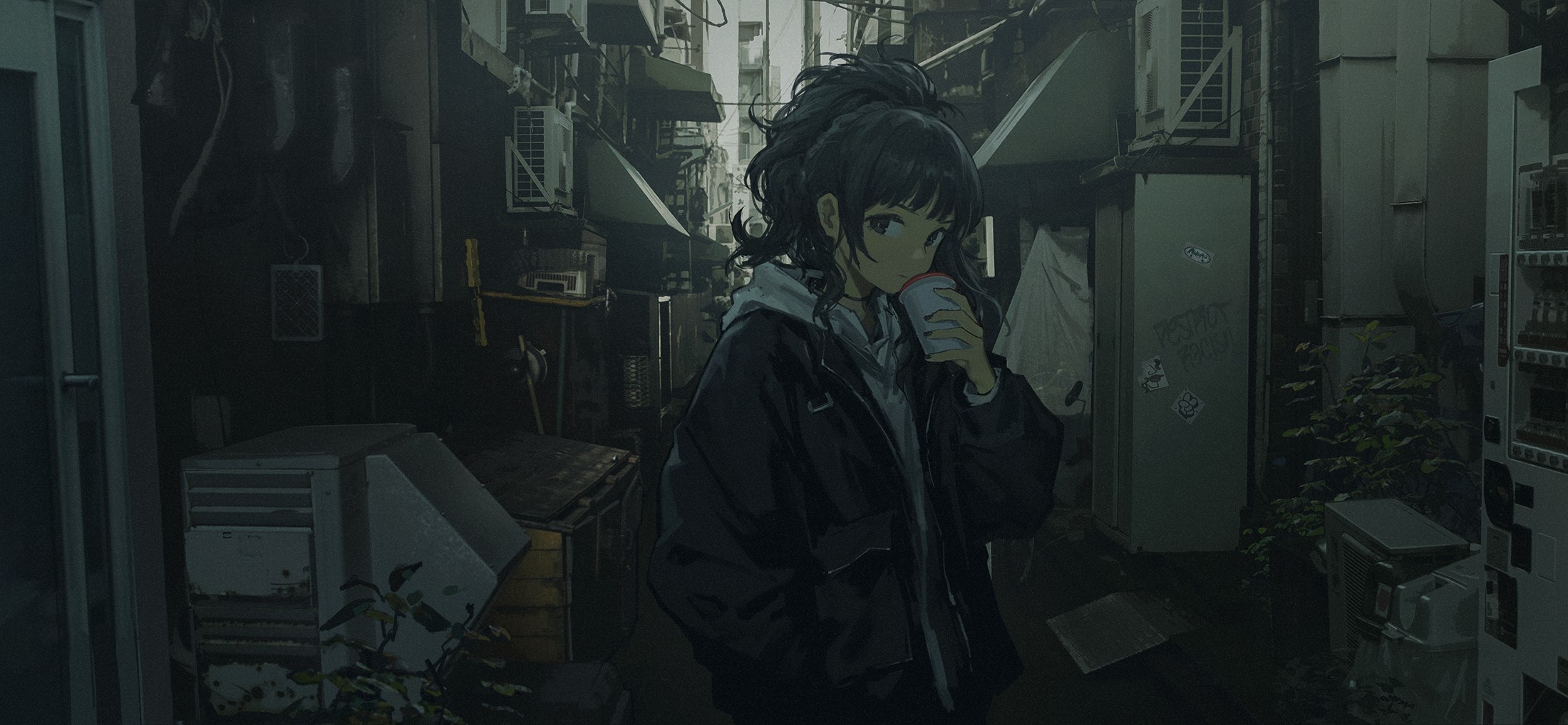 Anime girl with dark hair drinking from a cup in an alley HD Wallpaper