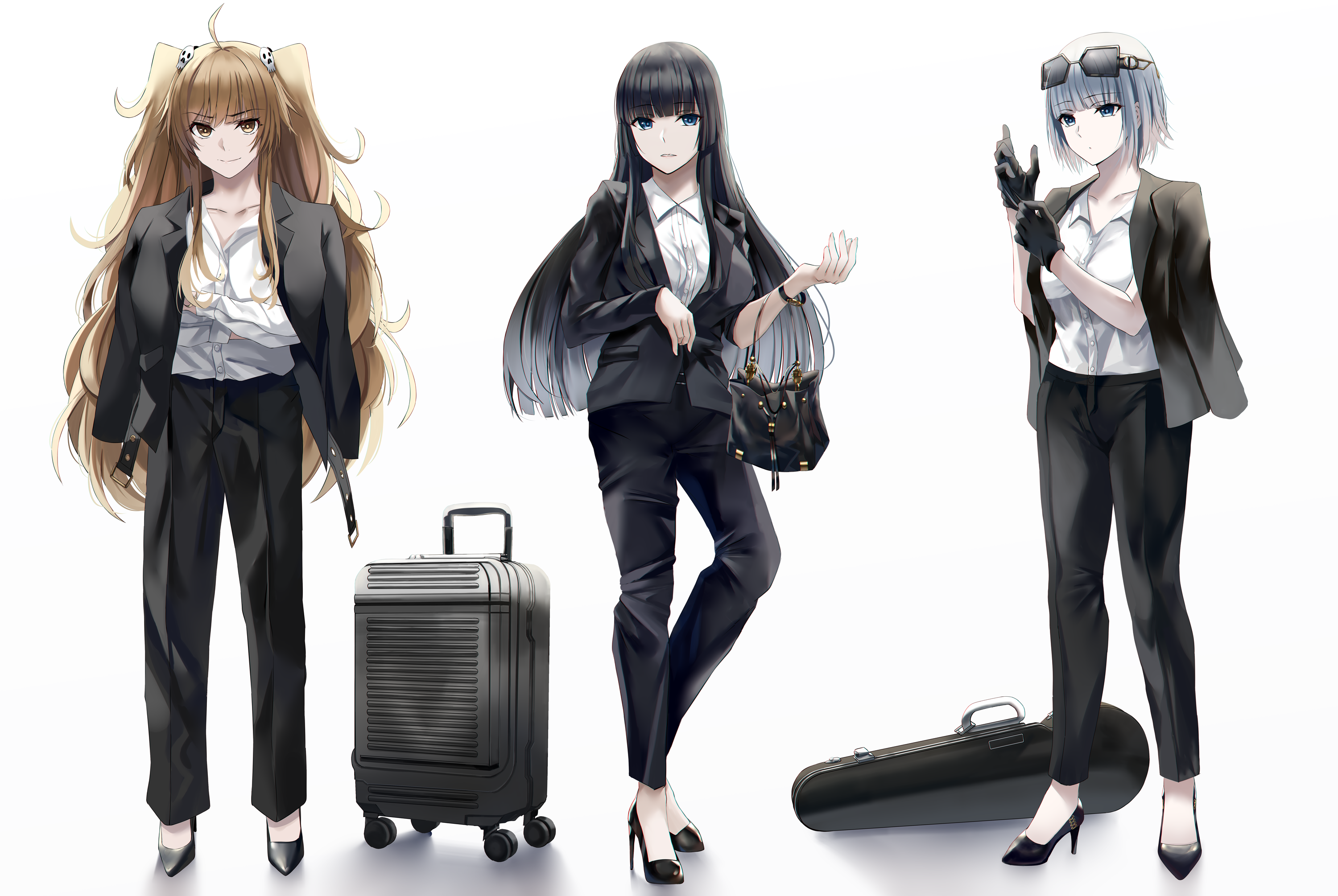 Three anime women in business suits with luggage HD Wallpaper