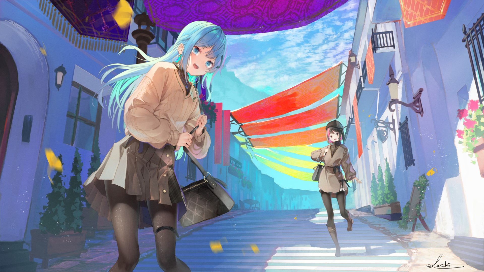 Anime girls walking down a colorful street HD Wallpaper