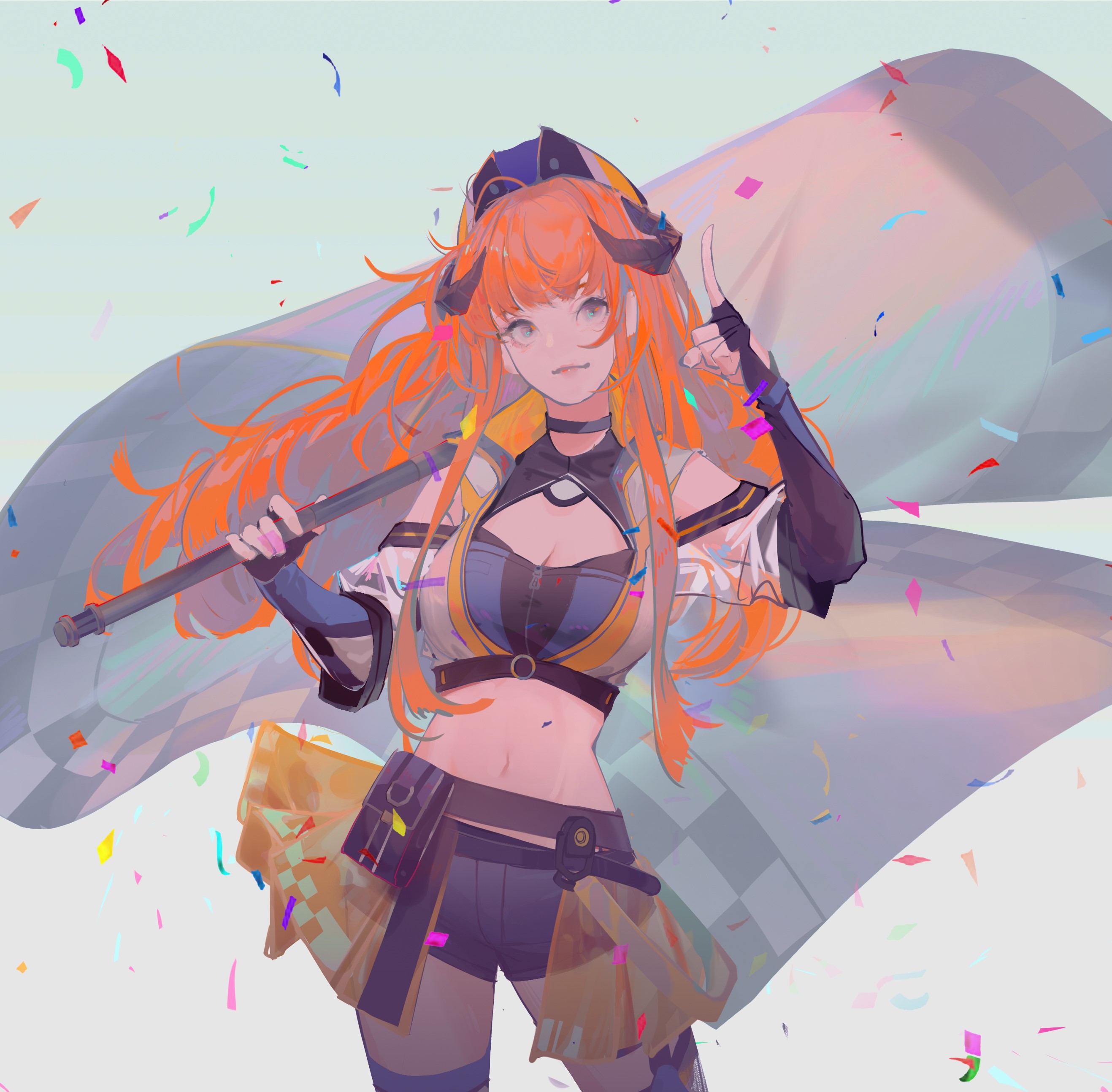 Anime girl with orange hair and horns holding a checkered flag HD Wallpaper
