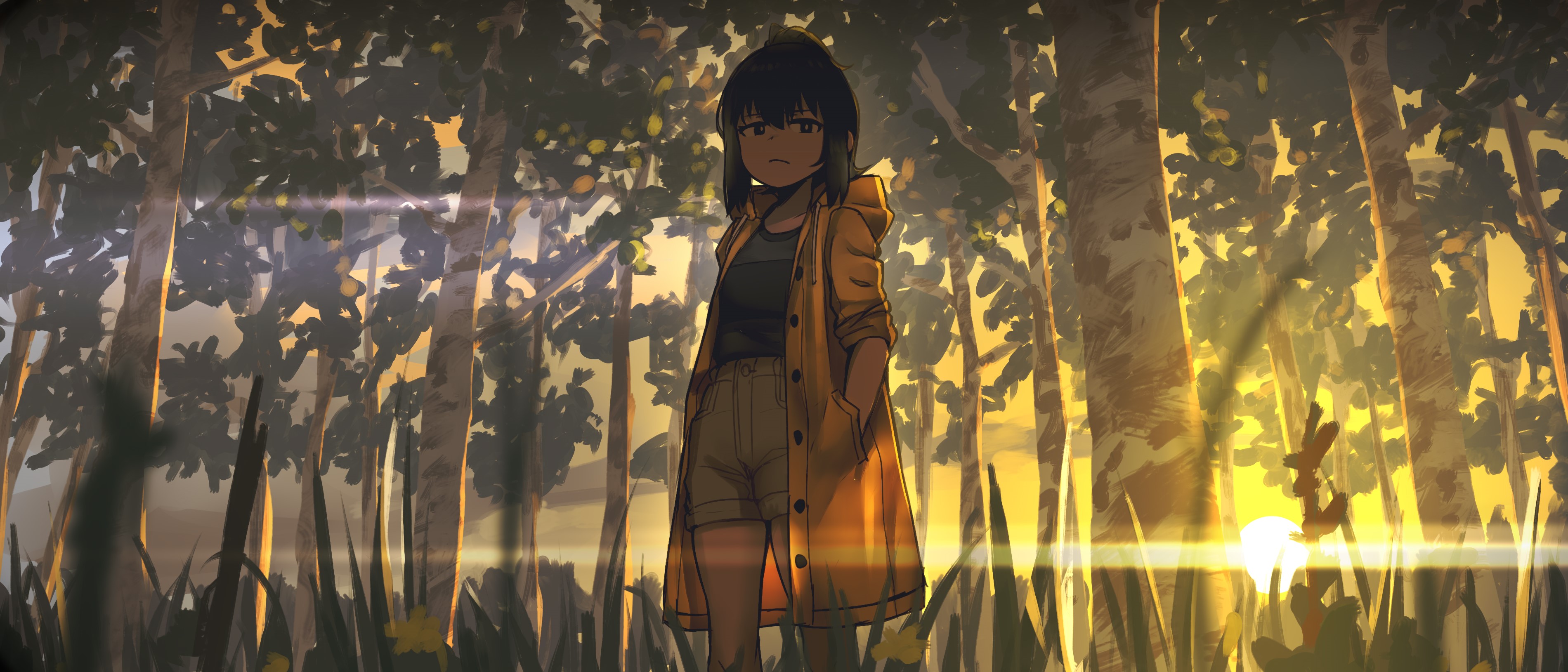 Anime girl in yellow raincoat standing in a forest at sunset HD Wallpaper