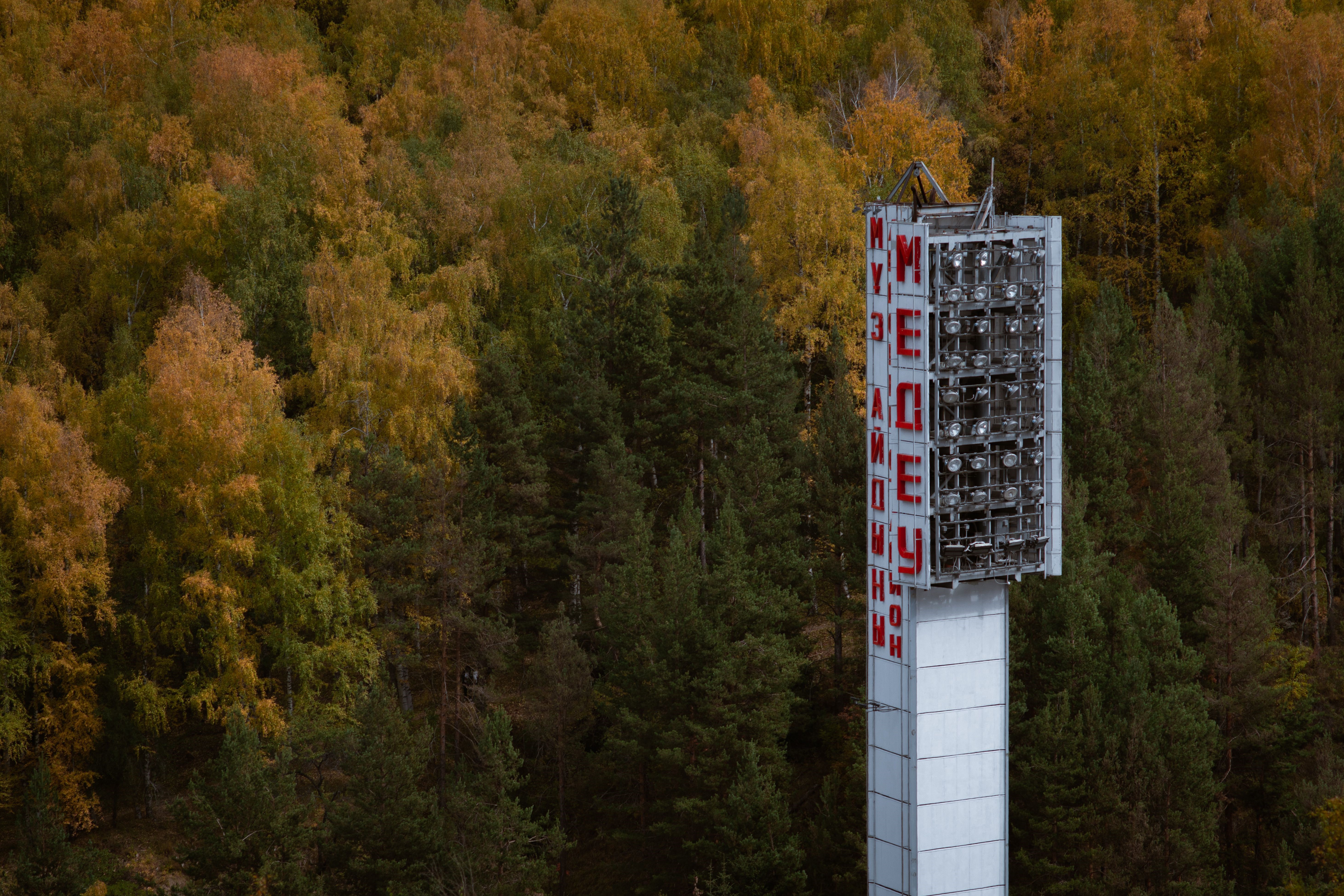 Tower with lights and autumn forest HD Wallpaper