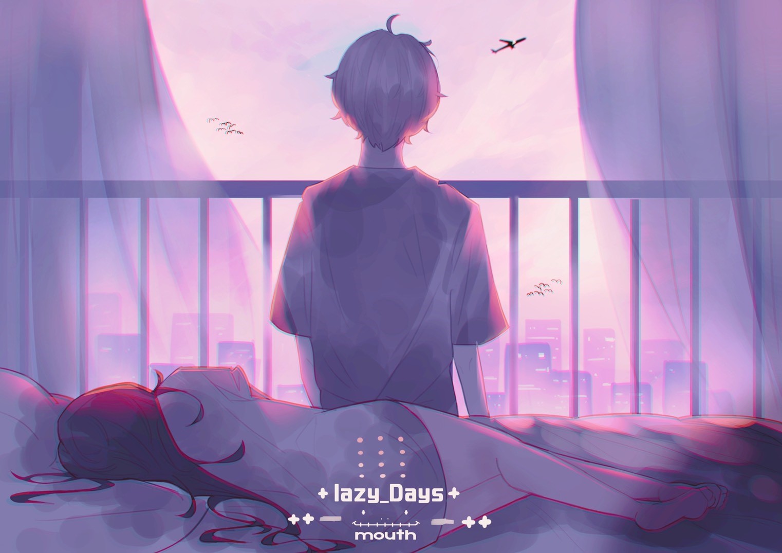 Anime boy and girl in bed by window HD Wallpaper