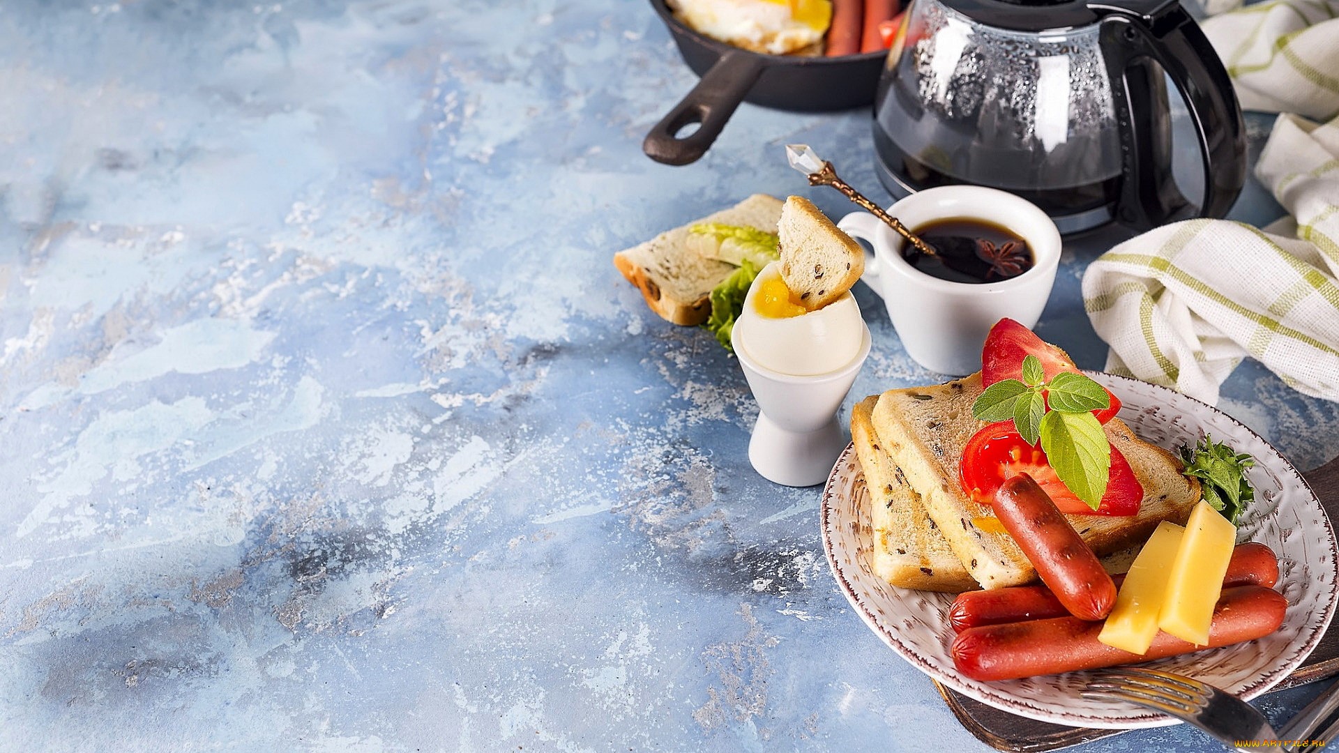 Breakfast with sausages, eggs, toast, cheese, and coffee HD Wallpaper
