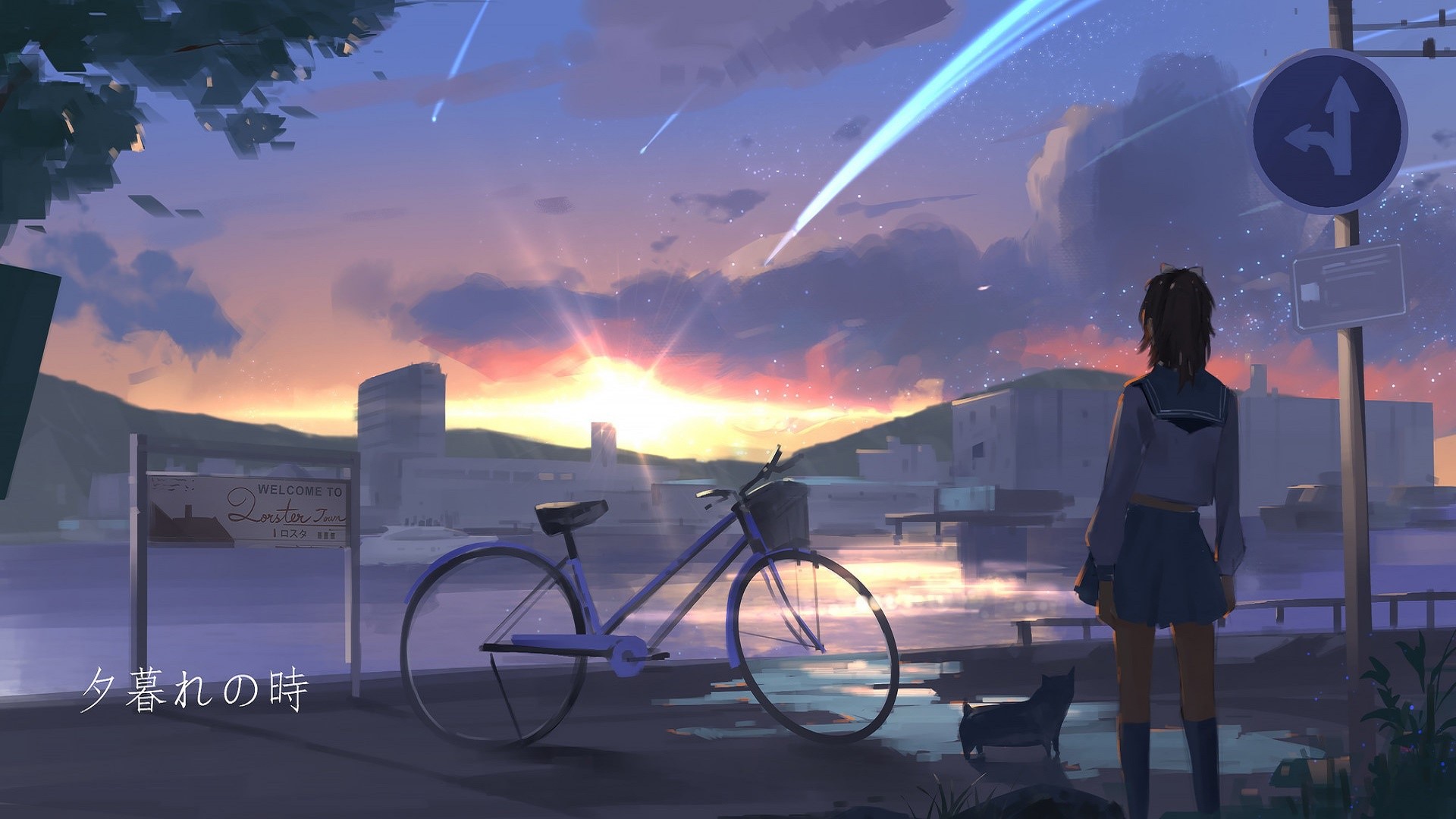 Anime girl and bicycle by the water at sunset HD Wallpaper