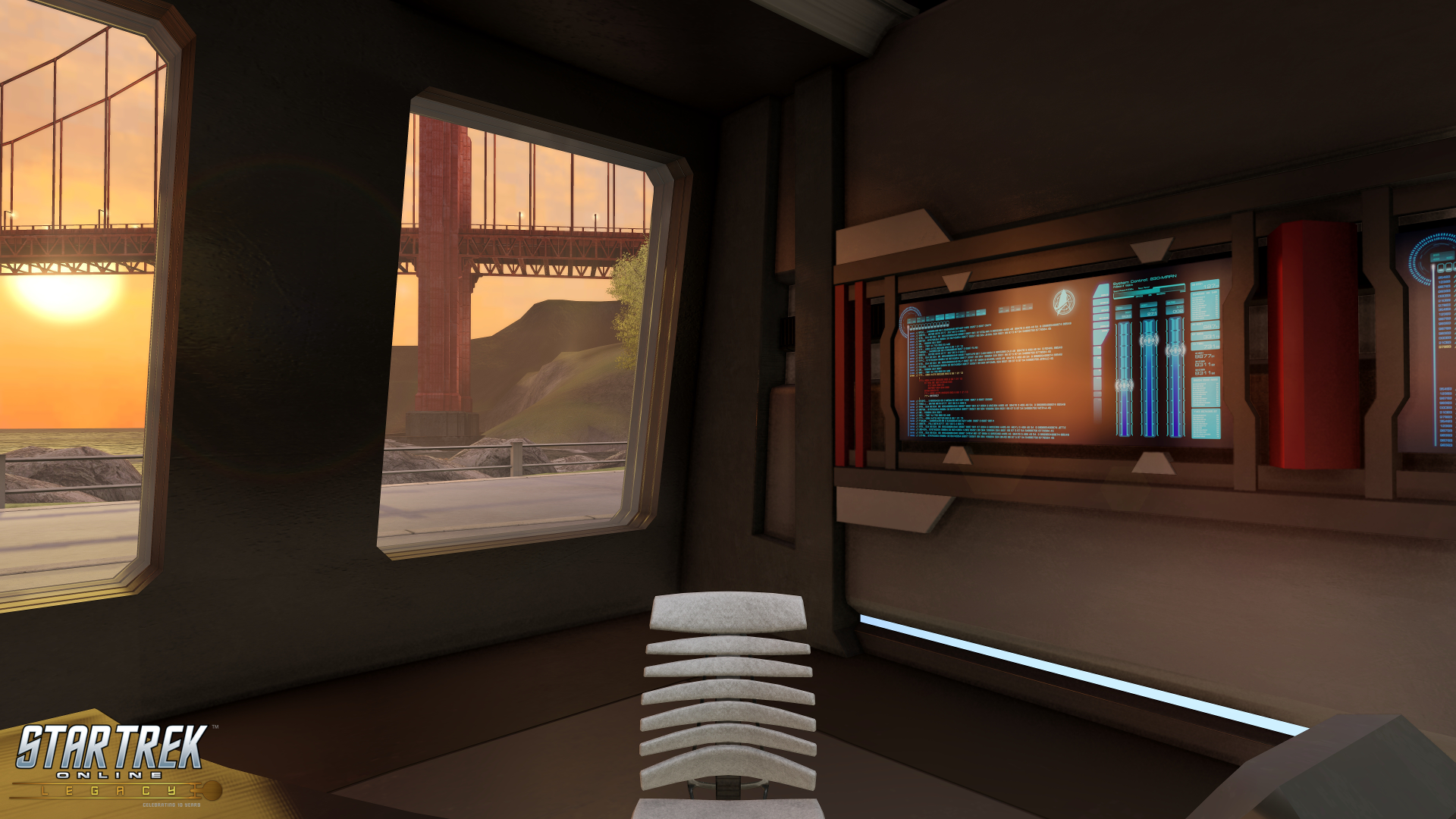 Star Trek Online interior with Golden Gate Bridge view HD Wallpaper