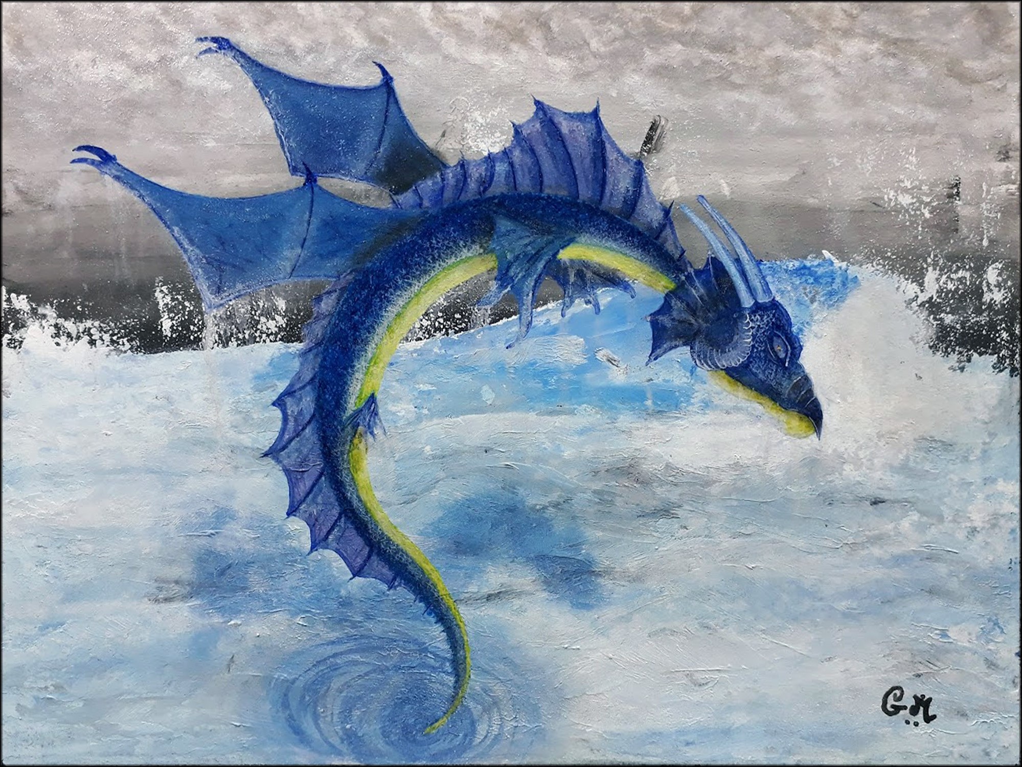 Blue dragon emerging from stormy water painting HD Wallpaper