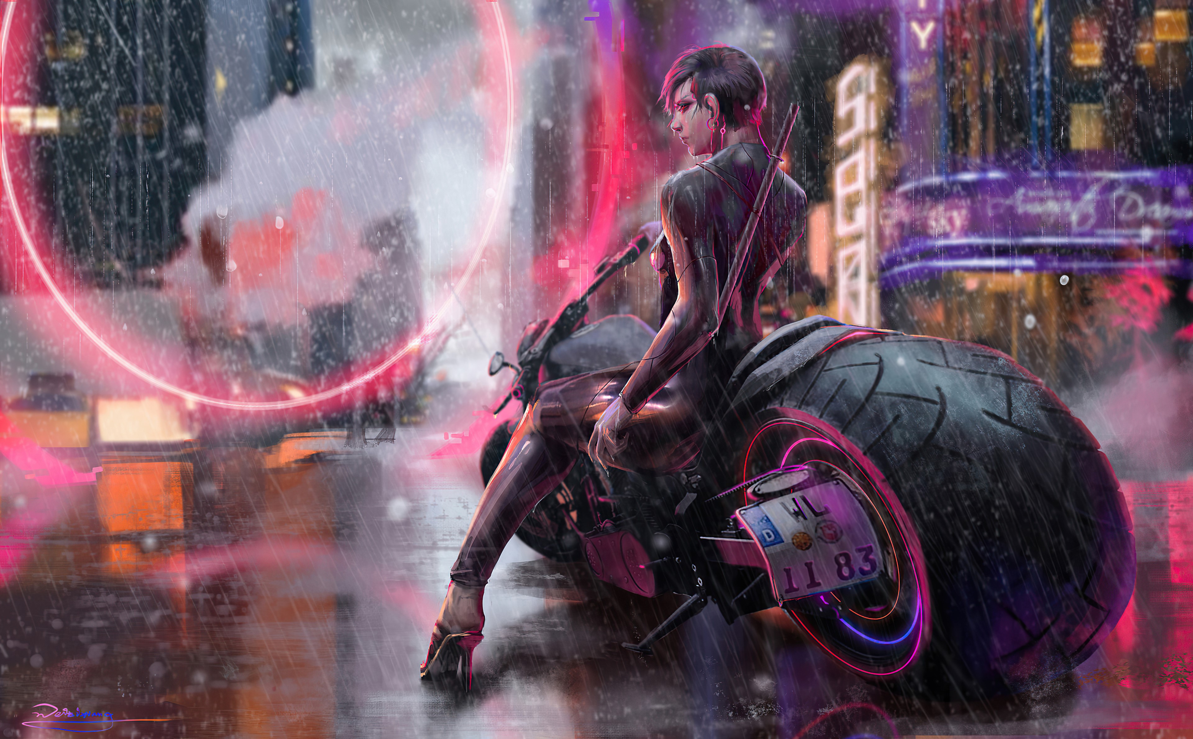 4K Cyberpunk Girl on Motorcycle in Rainy City HD Wallpaper