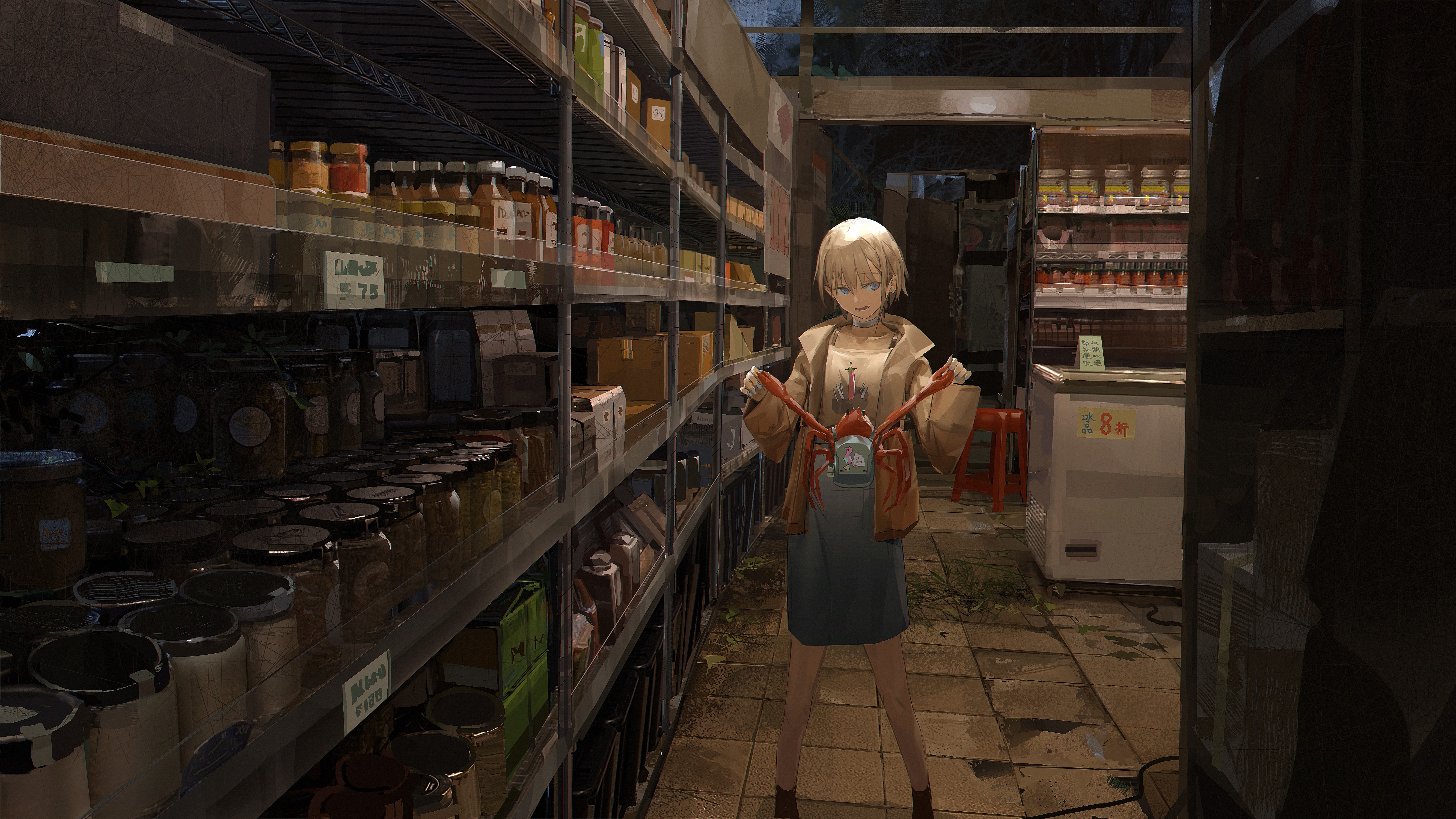 Anime girl holding a crab in a store HD Wallpaper