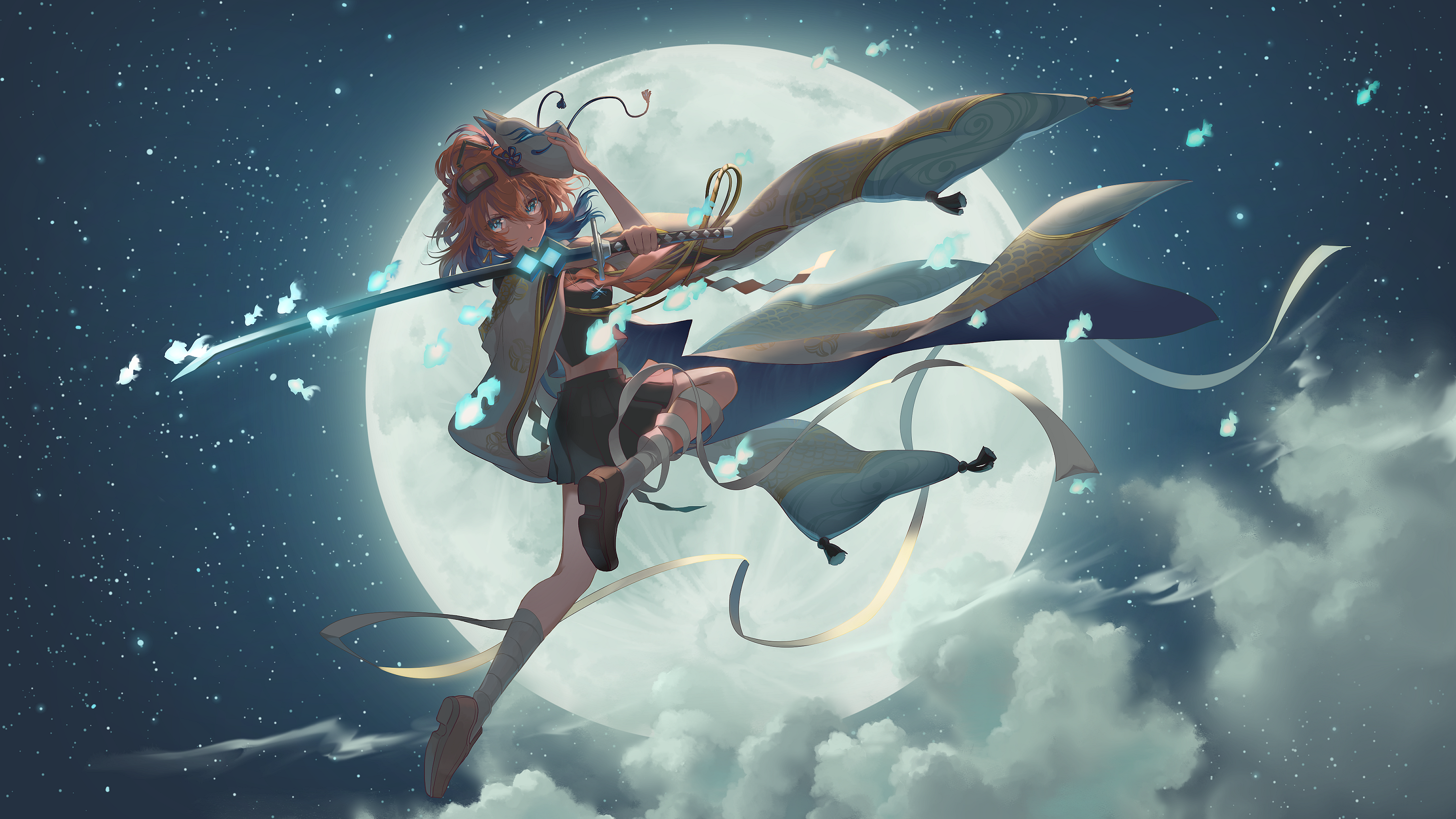 Anime girl with mask and sword under the Moon HD Wallpaper