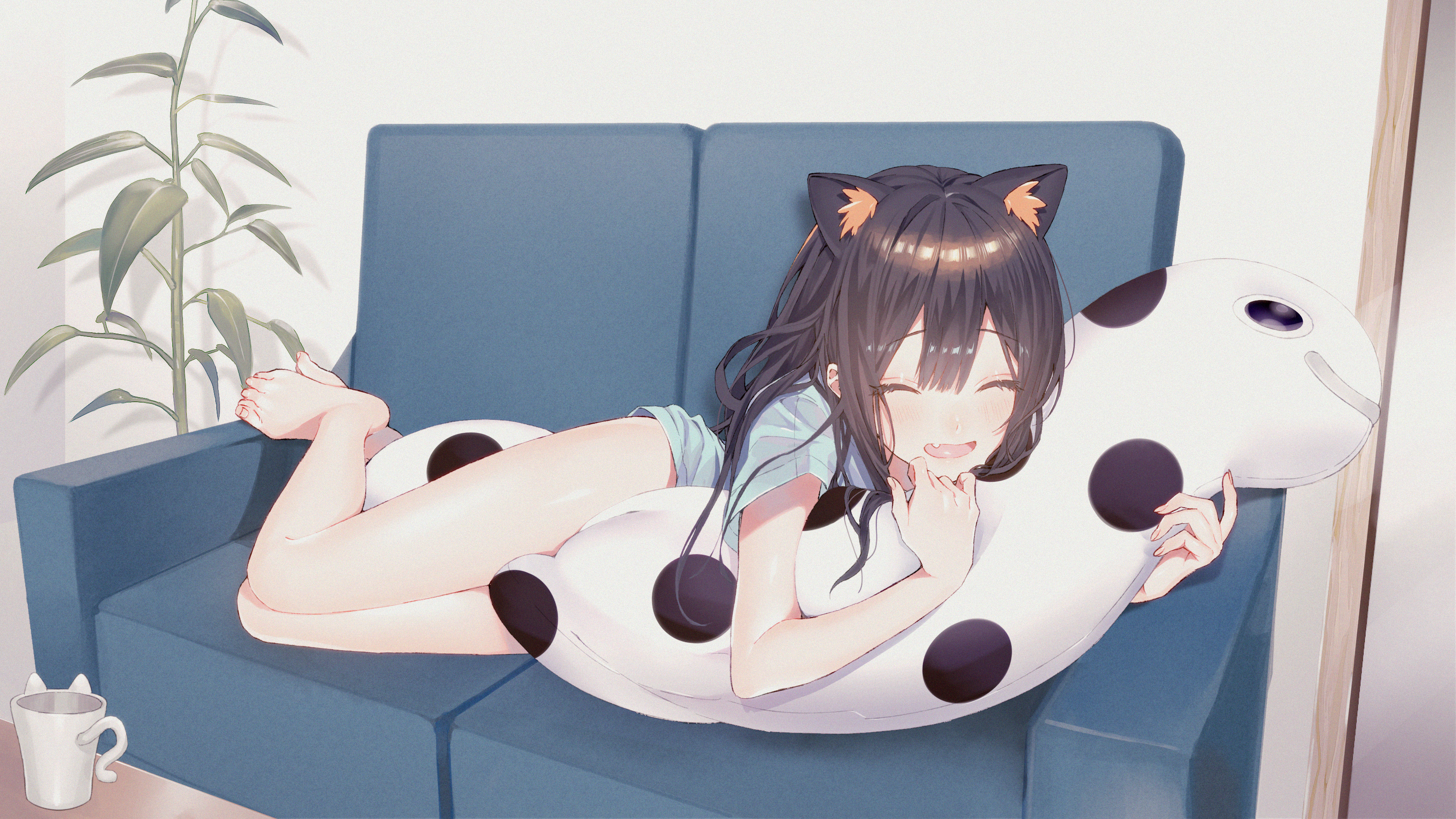 Anime girl with animal ears hugging a pillow on a couch HD Wallpaper