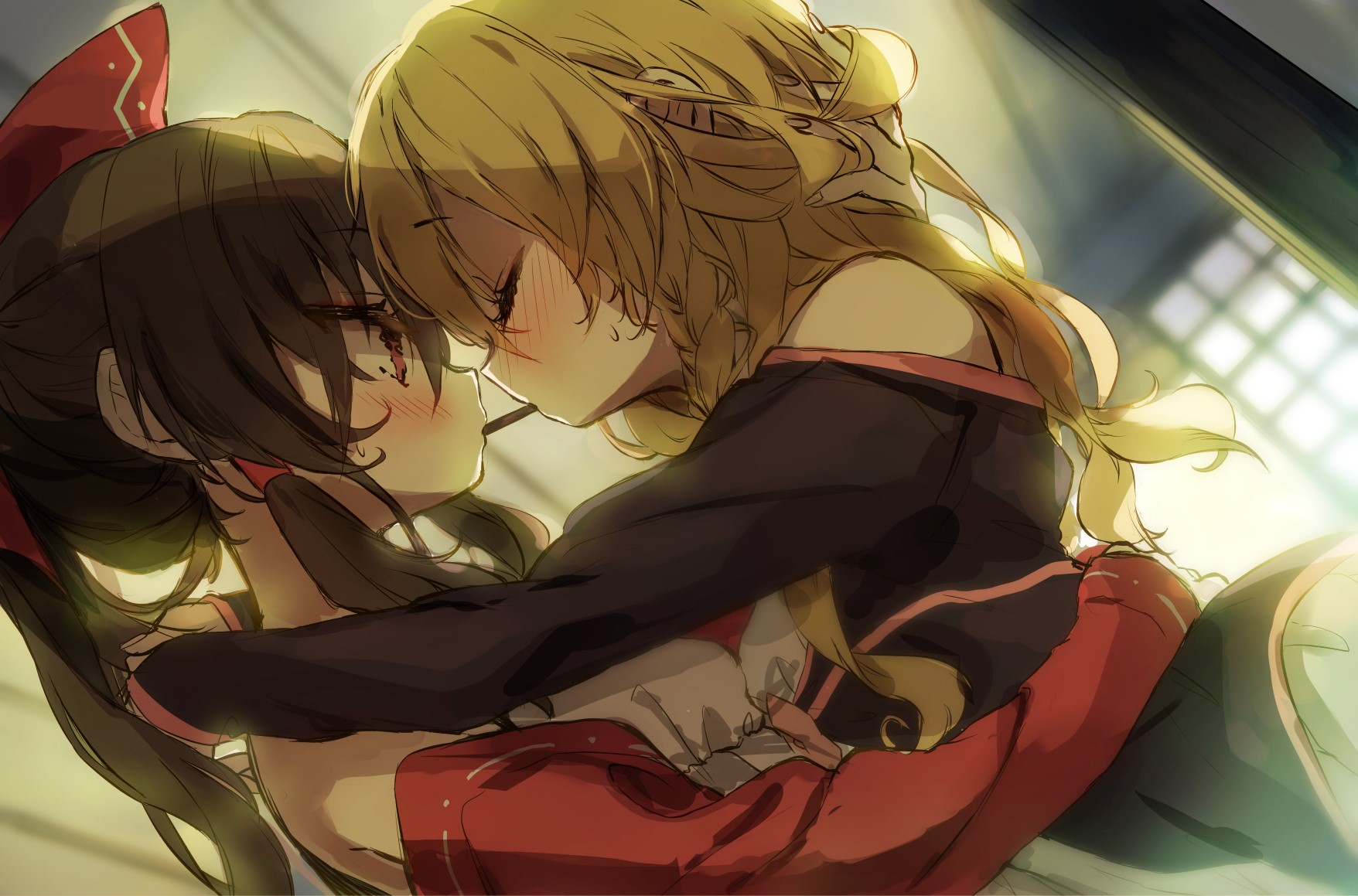 Touhou Anime Girls Sharing Pocky HD Wallpaper