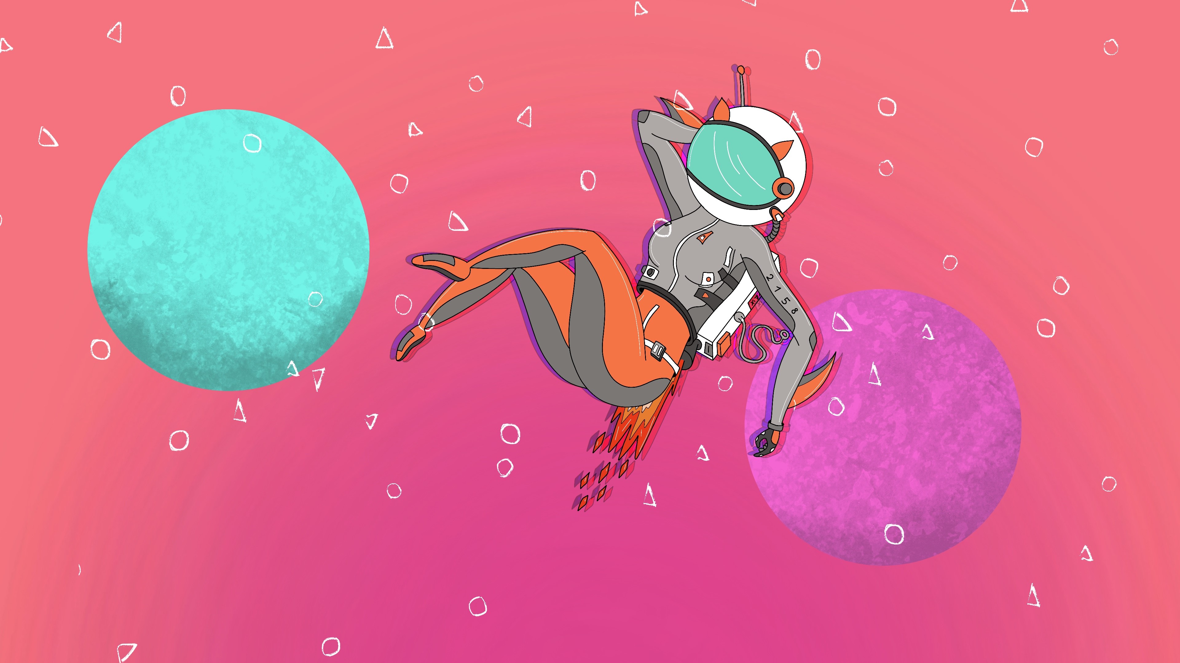 Woman in astronaut suit with jetpack near planets HD Wallpaper