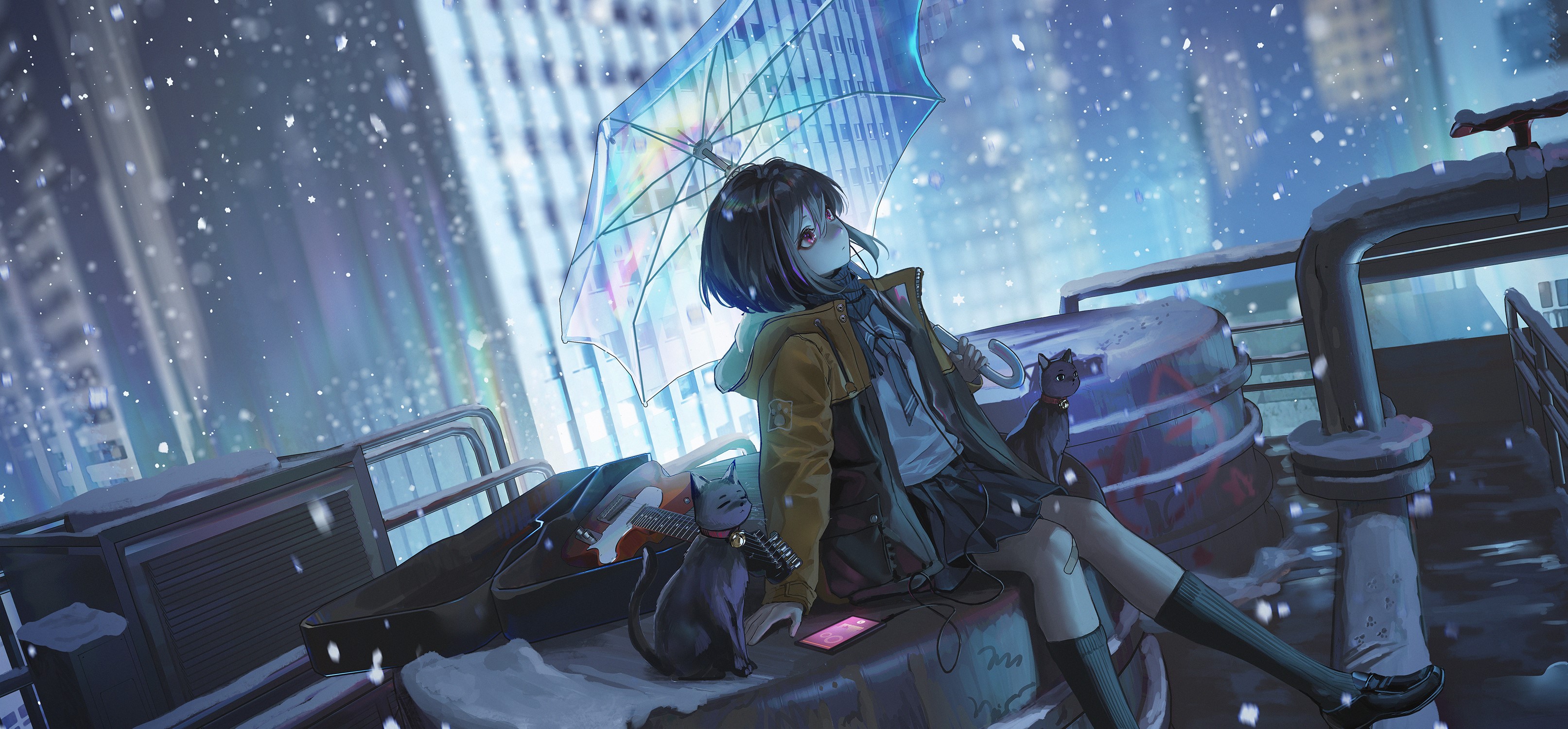 Anime girl with cats and umbrella in snow on rooftops HD Wallpaper