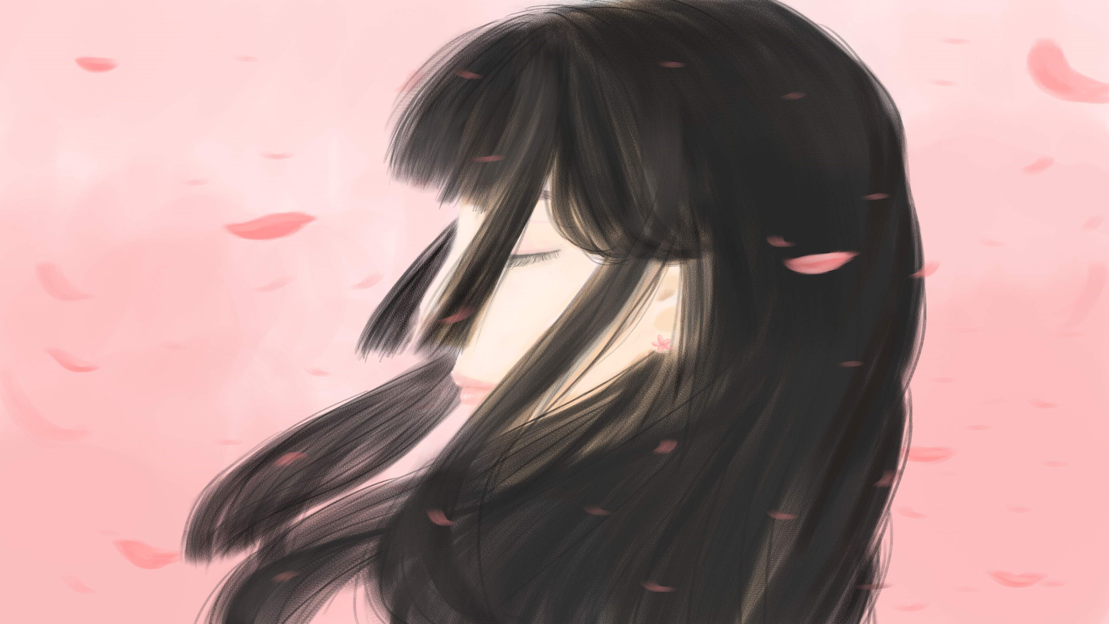 Artwork of a woman with long dark hair and closed eyes HD Wallpaper