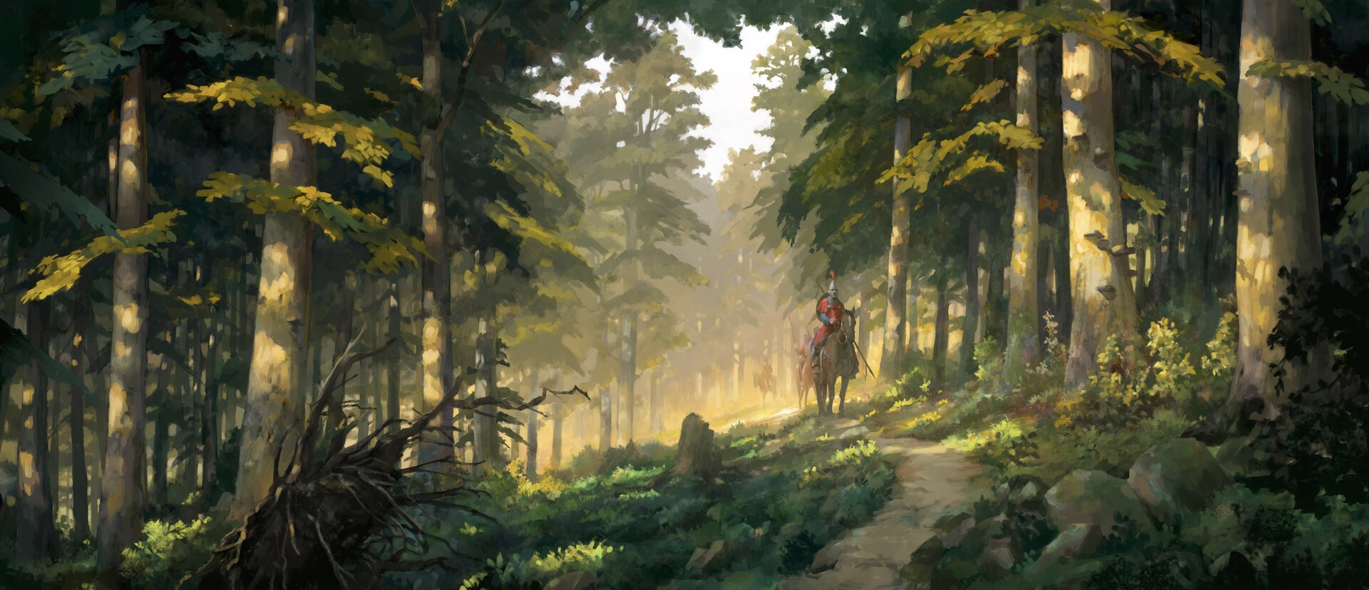 Knight on horseback in a sunlit forest HD Wallpaper