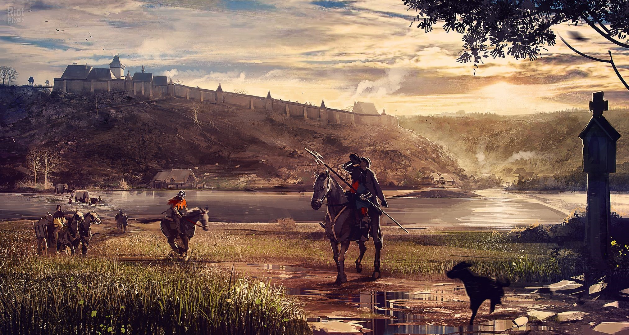 Medieval Castle and Knights on Horseback by a River HD Wallpaper